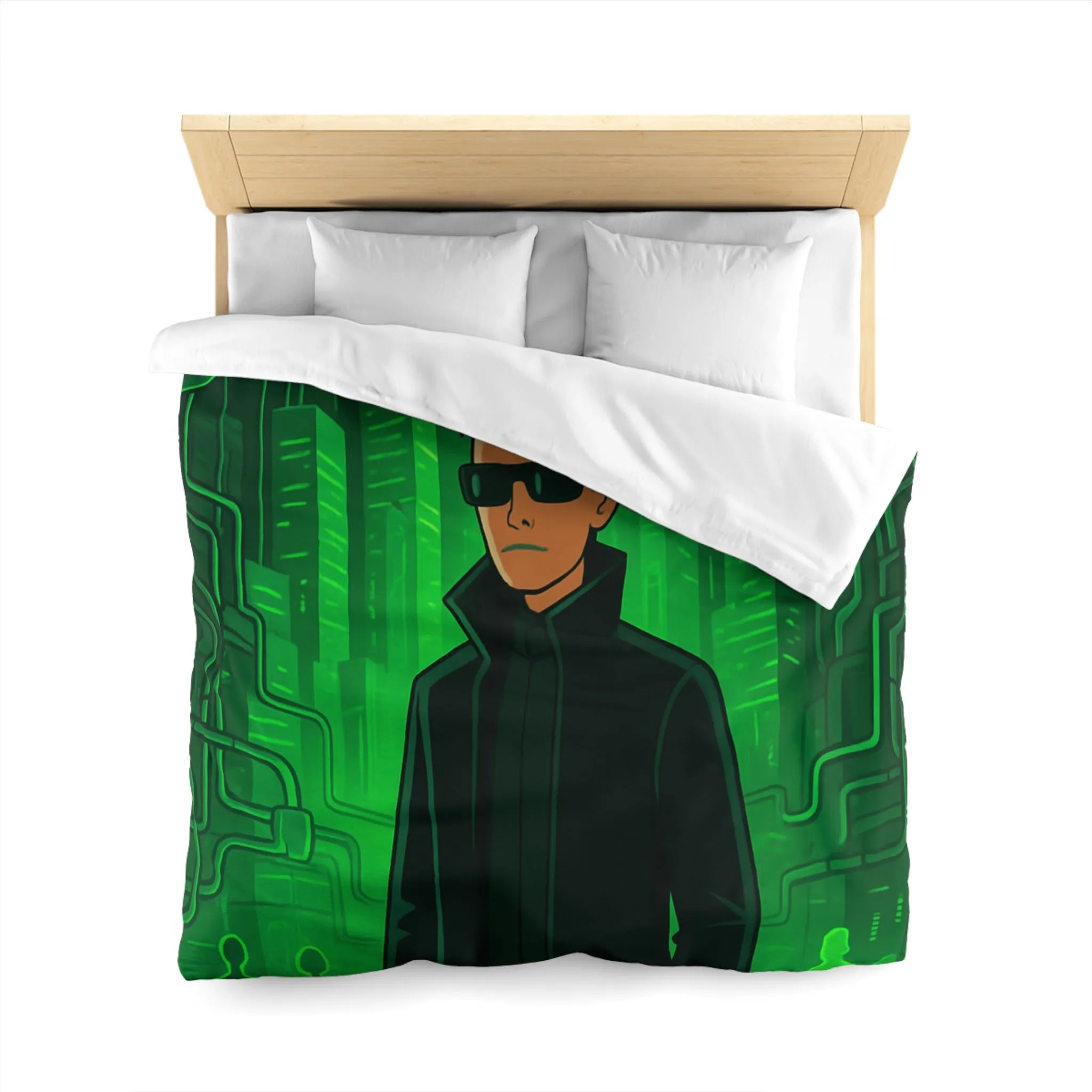 Housse de couette design futuriste vert avec motif personnage et ville numérique