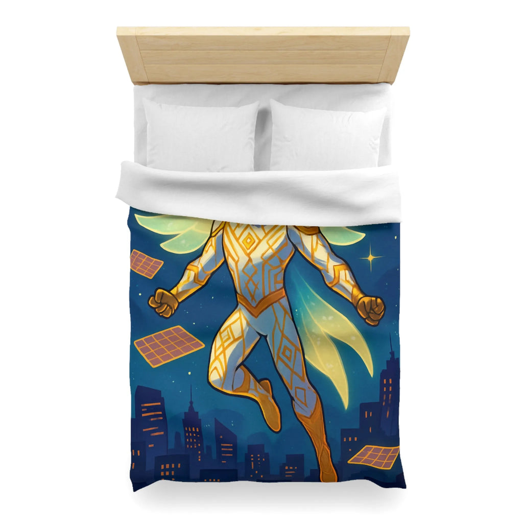 Housse de couette avec héros ailé lumineux sur ciel étoilé et ville futuriste