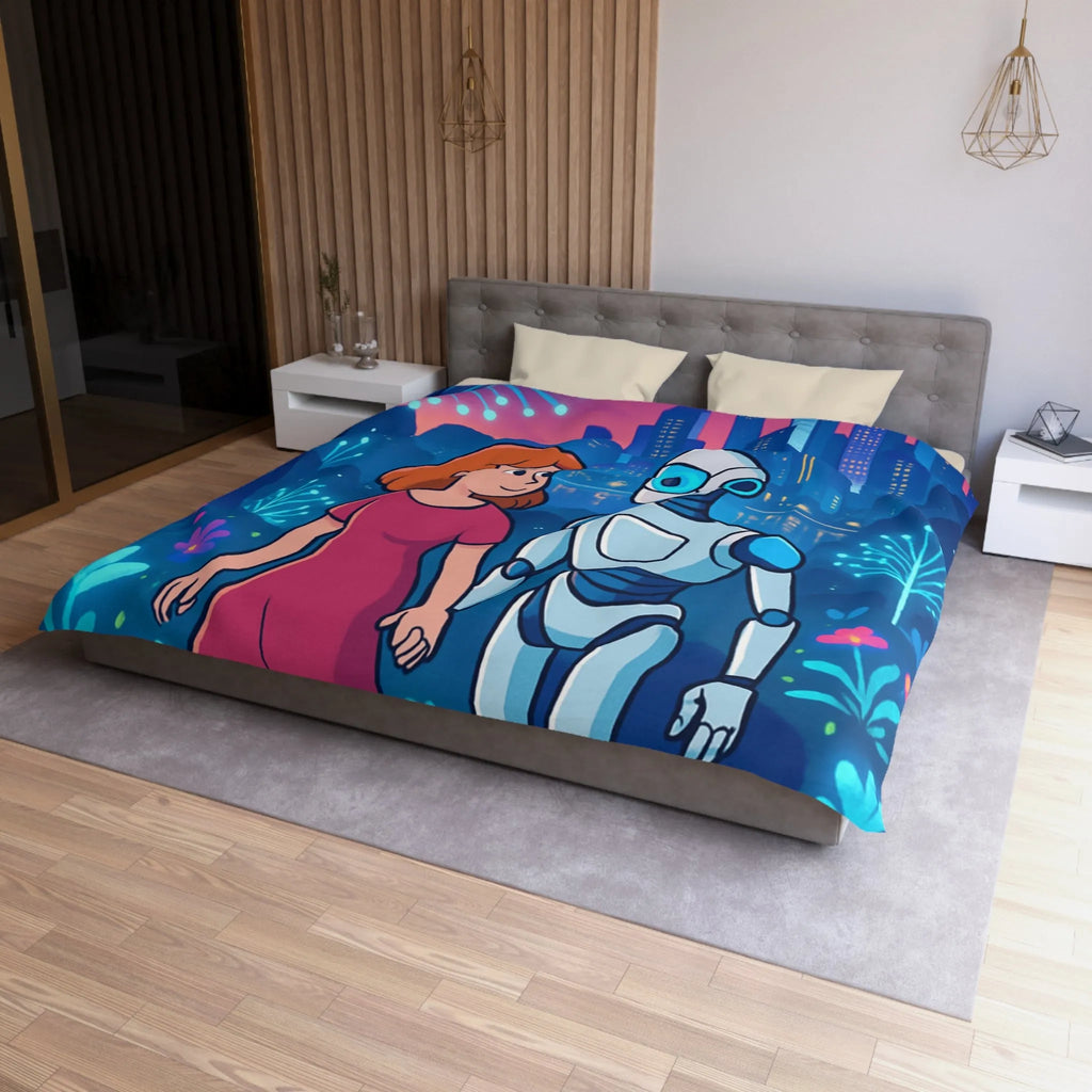 Housse de Couette Enchantée: Enfant et Robot dans un Univers Coloré et Futuriste