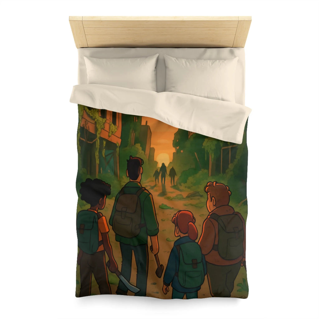 Housse de couette aventure urbaine animée, ambiance apocalyptique au coucher du soleil