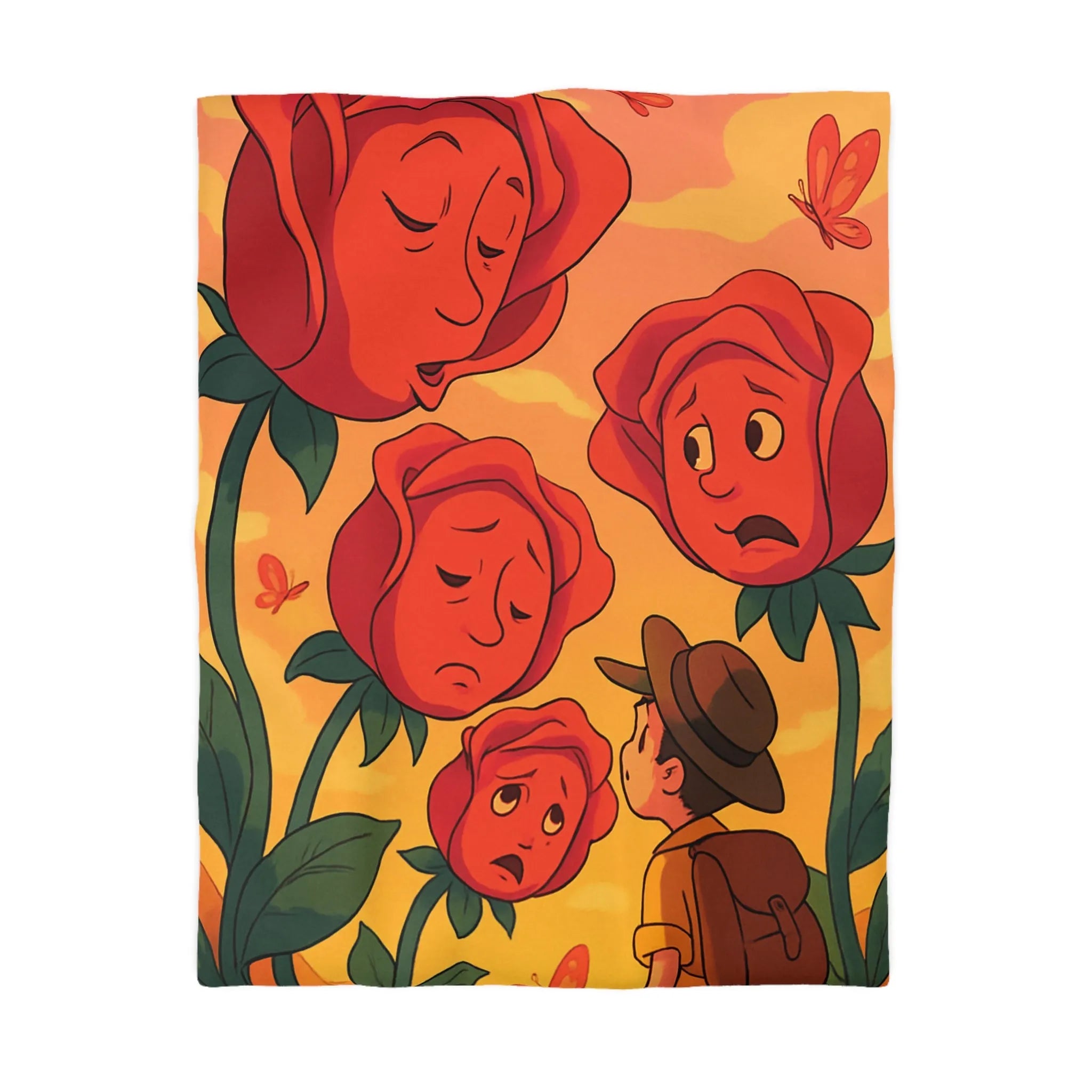 Housse de couette avec roses animées et papillons pour chambre douce et colorée