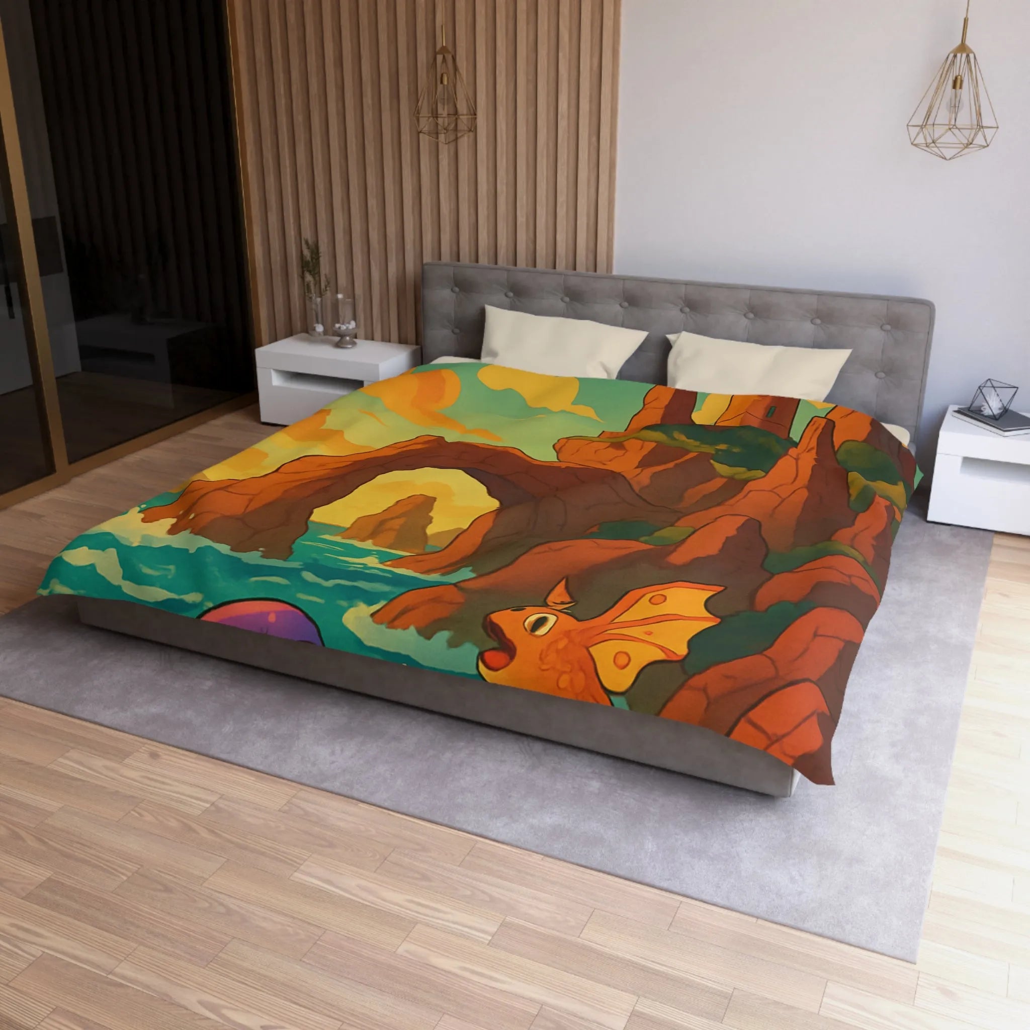 Fantastique peinture de poissons et dauphin avec phare sur fond de mer colorée