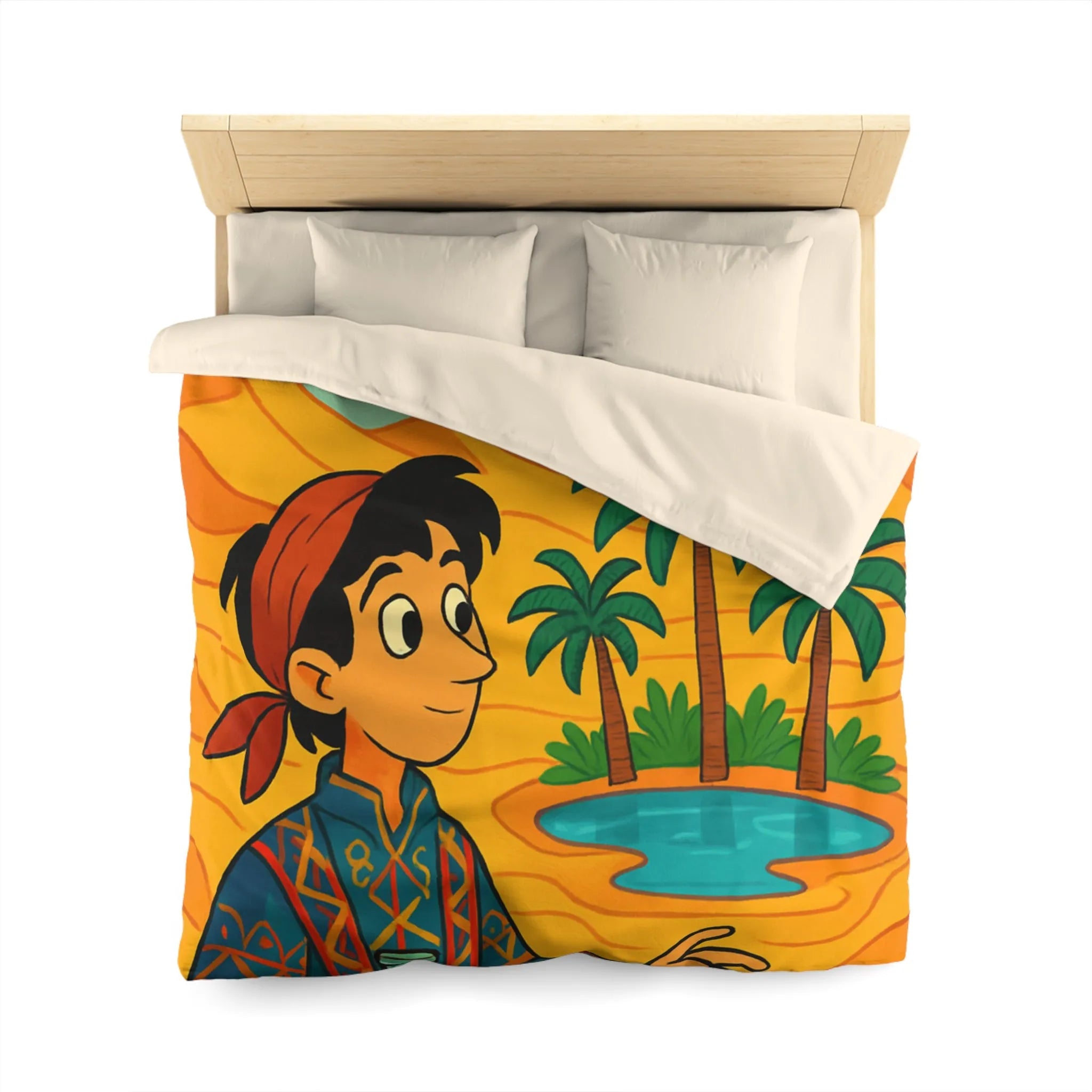 Housse de couette magique avec tapis volants et oasis sous ciel bleu désertique