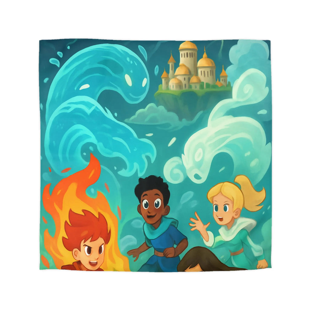 Housse de couette avec illustration de jeunes héros des éléments devant un château magique