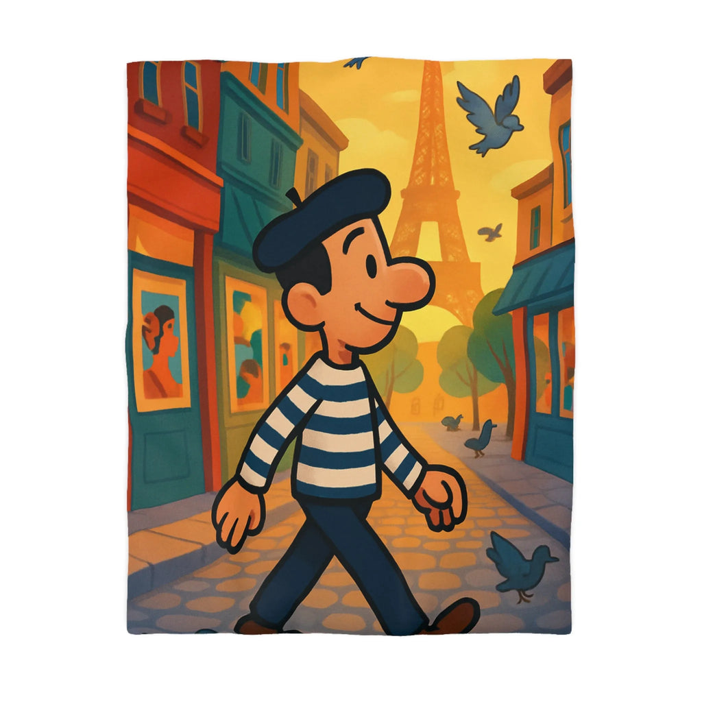 Housse de couette illustrée ville Paris homme marchant pigeons coucher de soleil ambiance artistique