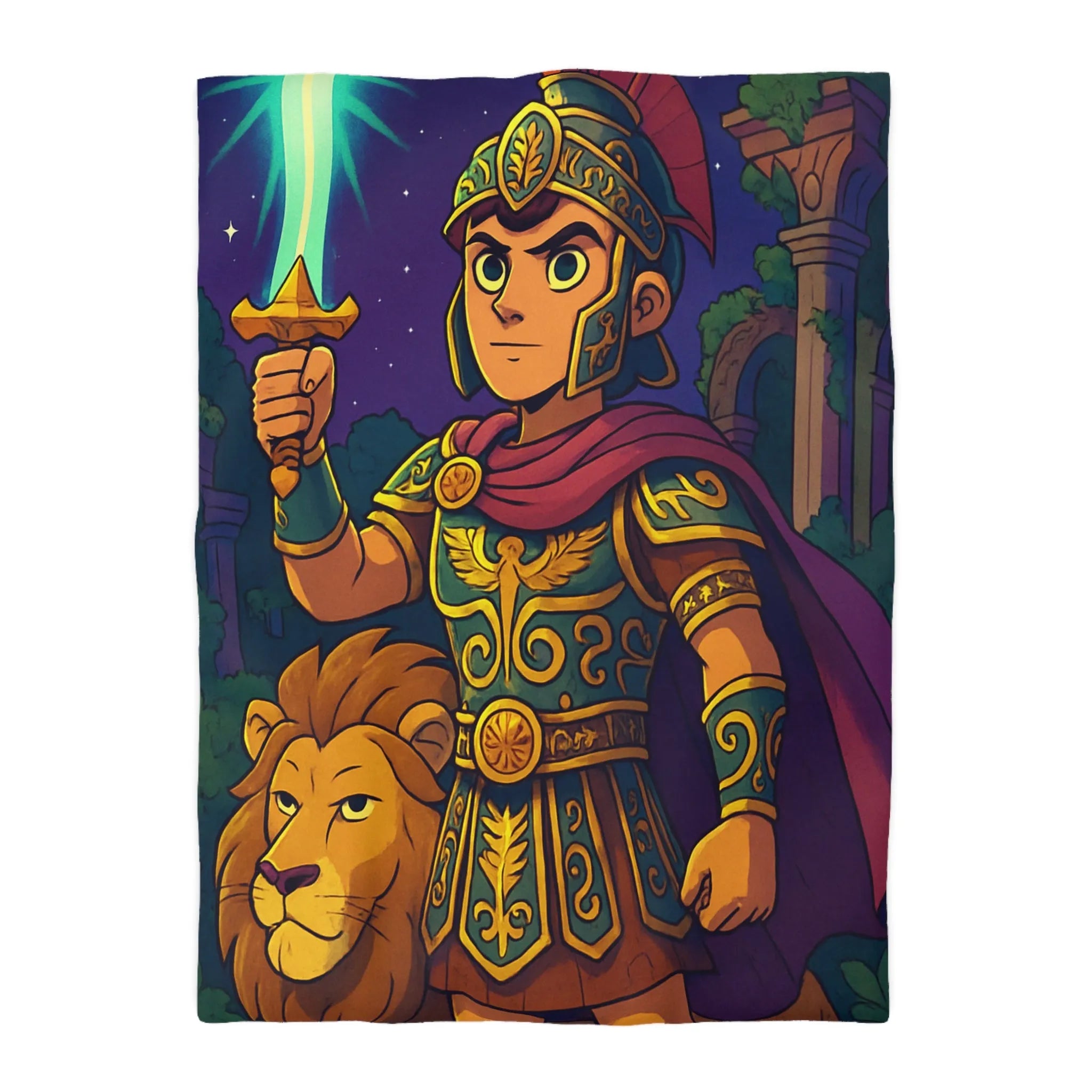 Housse de couette épique pour enfants avec un guerrier et un lion mythiques