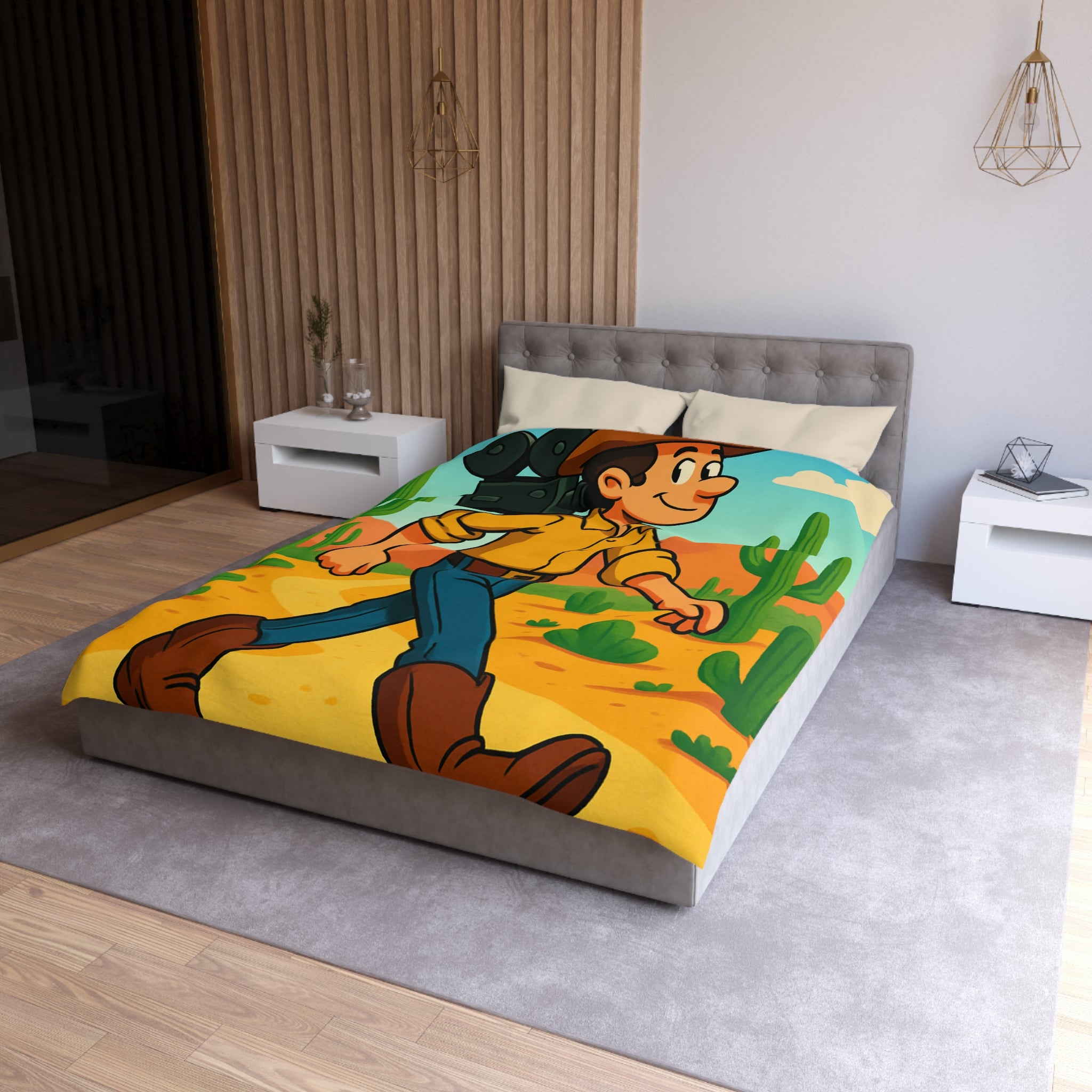 Housse de couette western cowboy dessin animé, désert cactus rétro style vibrant