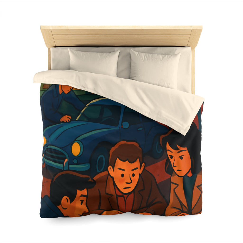 Housse de couette vintage ambiance atelier auto avec carte et personnages concentrés