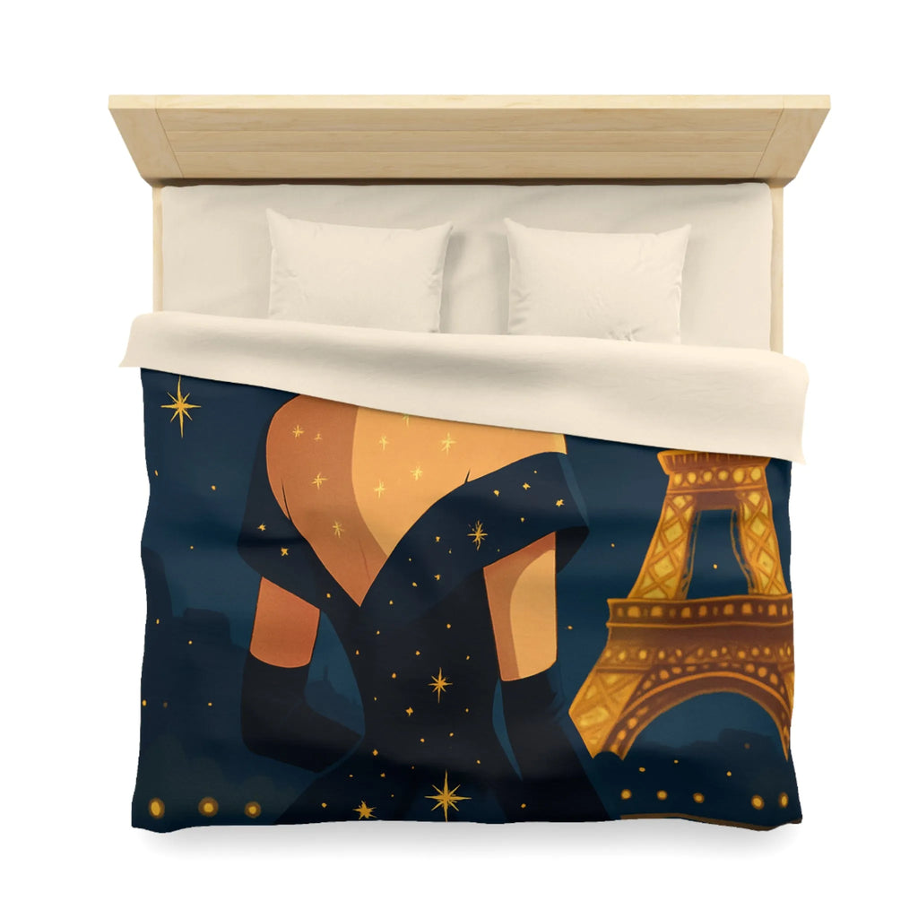 Élégante illustration nocturne femme en robe étoilée avec Tour Eiffel lumineuse