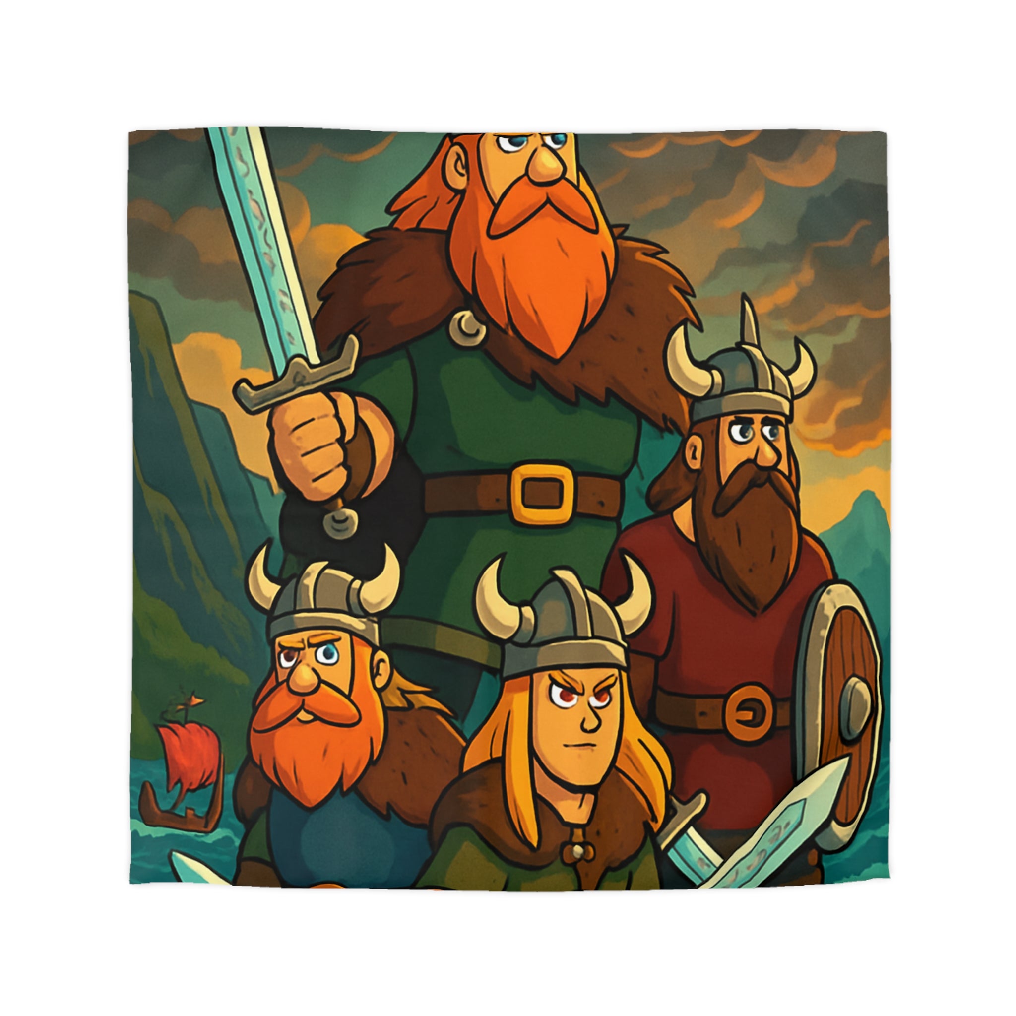 Housse de couette viking épique avec des guerriers et paysage dramatique