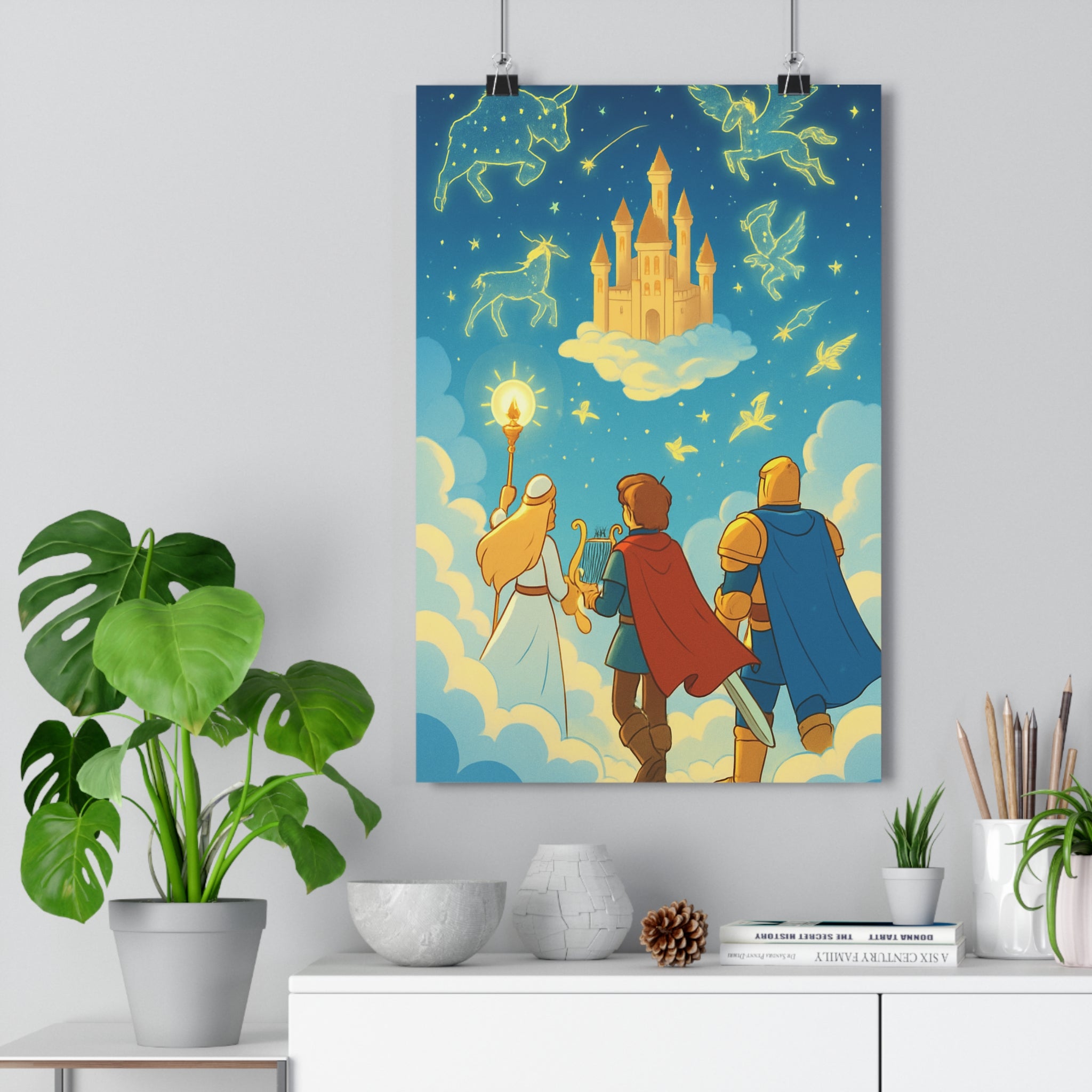 Poster décoratif onirique bleu or dessin animé magique aventure enfants chambre salon créatif lumineux