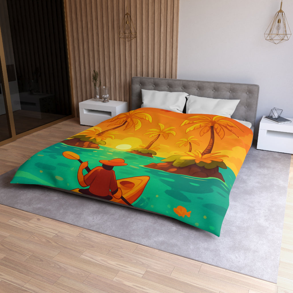 Housse de couette tropicale vibrante avec kayak, palmiers et perroquets au coucher de soleil