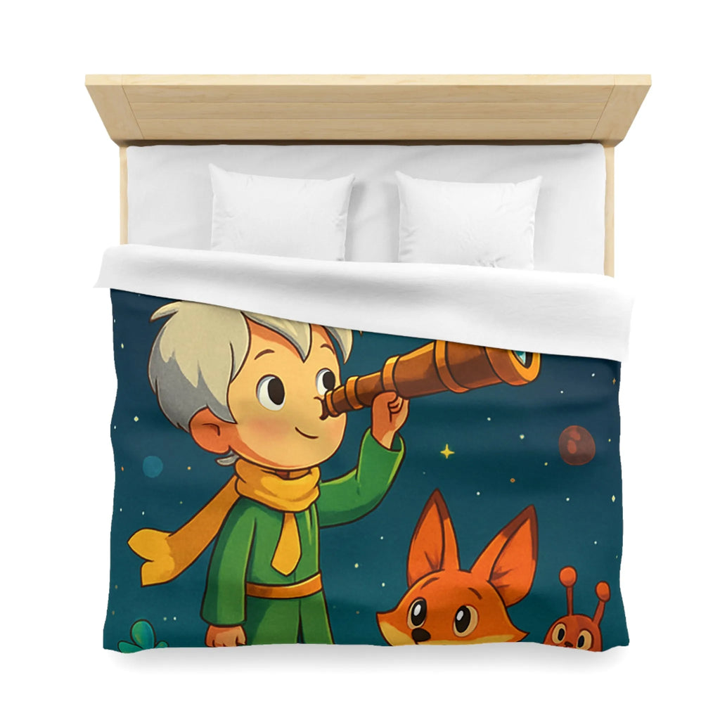 Housse de couette enfant rêveur observant les étoiles avec télescope et animaux adorables