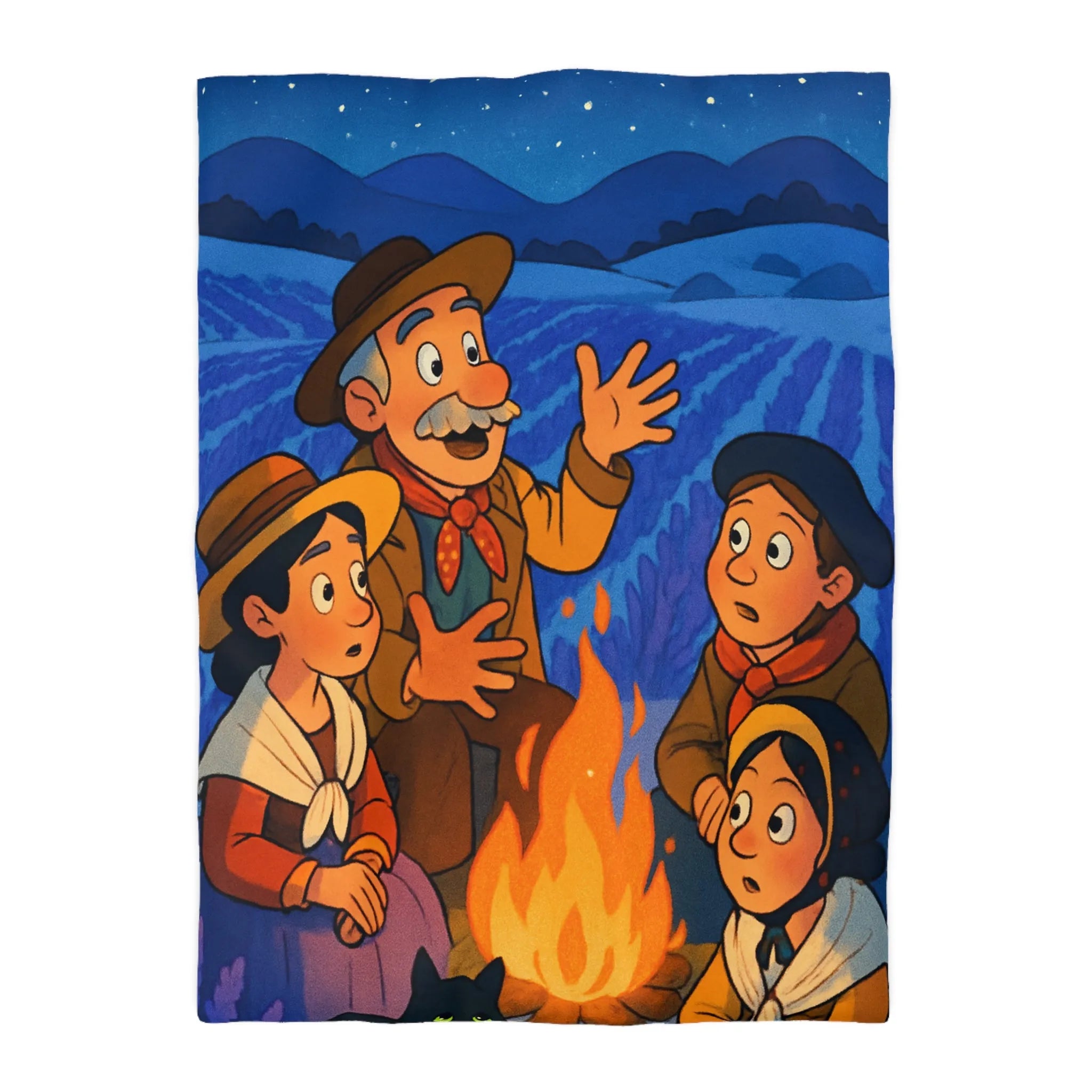 Housse de couette colorée avec scène animée racontant une histoire sous les étoiles