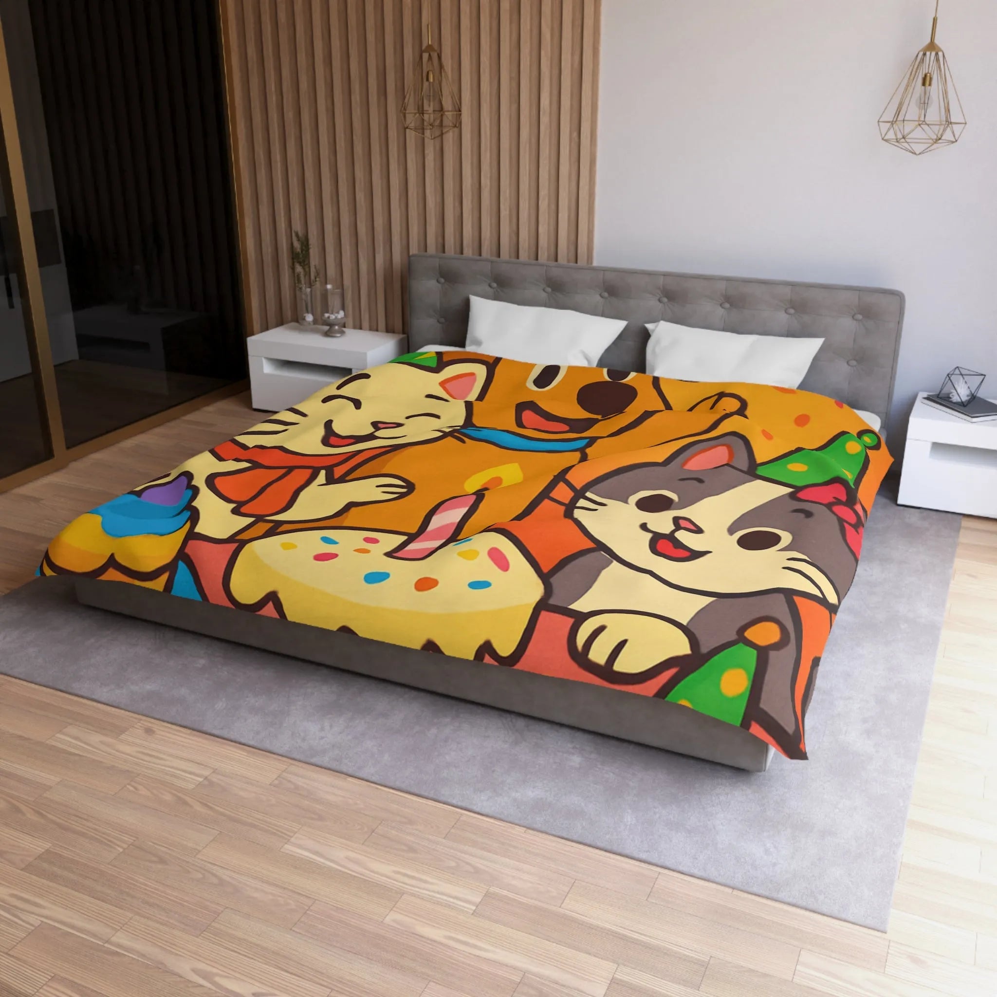 Housse de couette joyeuse et colorée avec animaux en fête pour chambre d'enfant