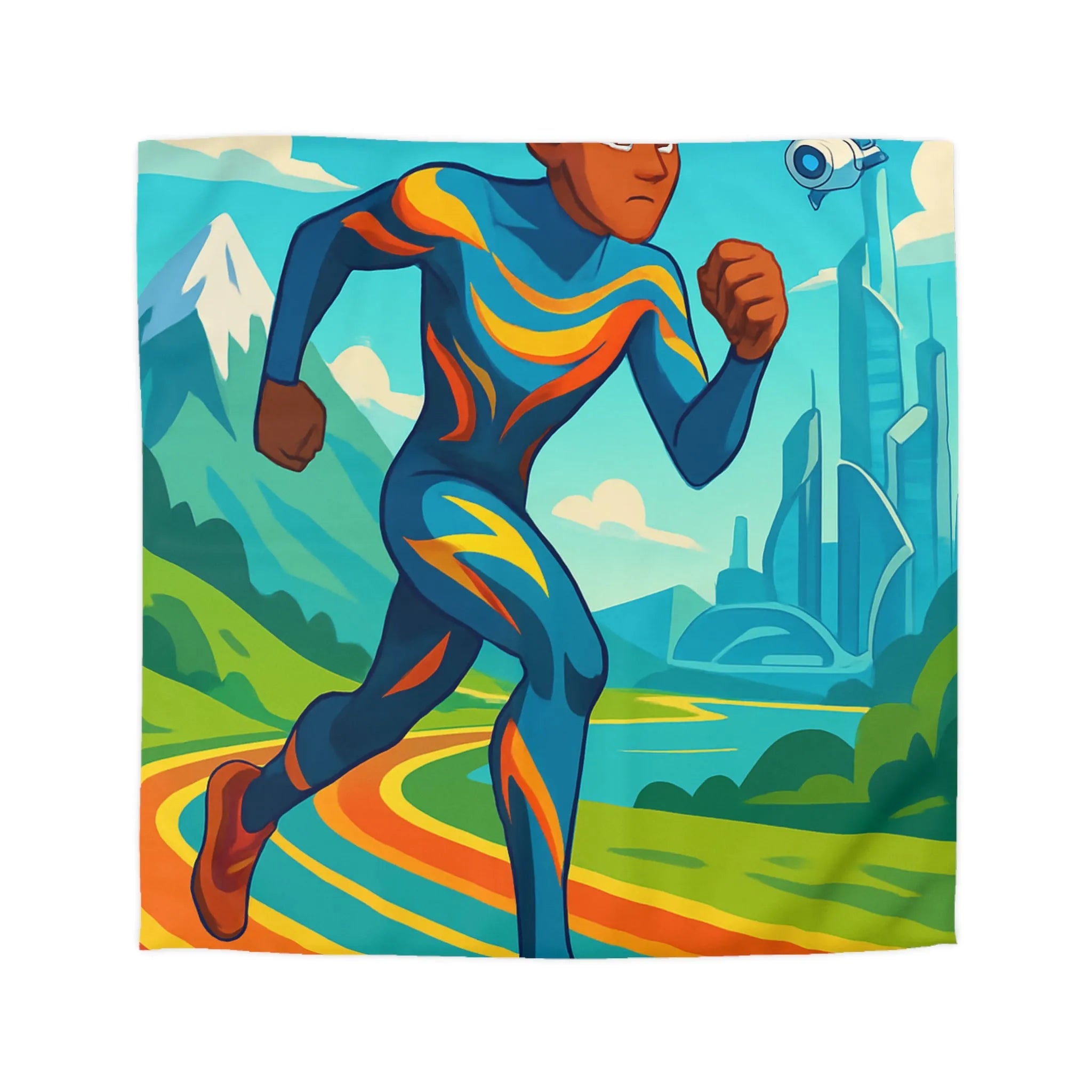 Housse de couette colorée pour chambre futuriste avec coureur et drones volants