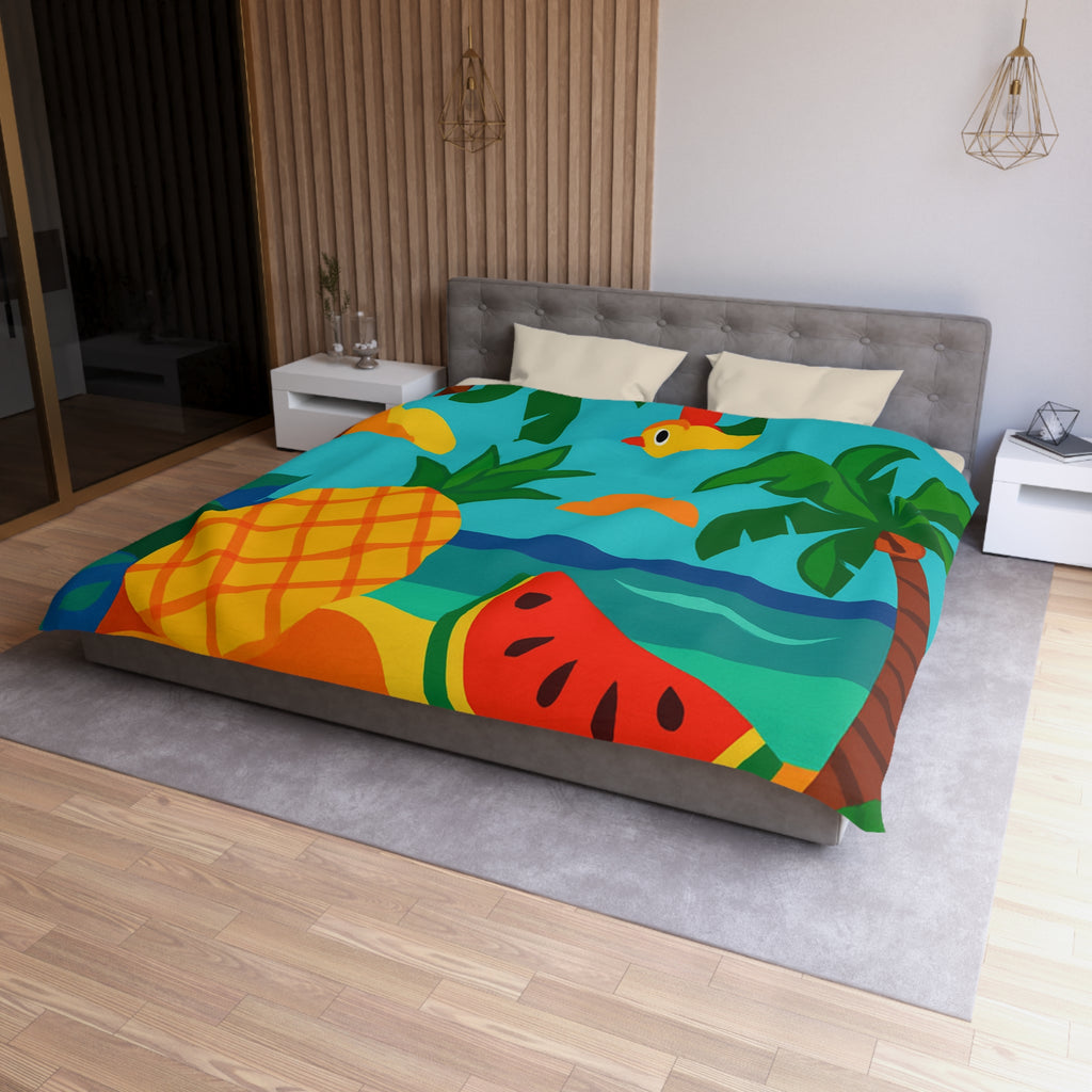 Housse de couette tropicale colorée avec fruits exotiques et oiseaux vibrants sur la plage