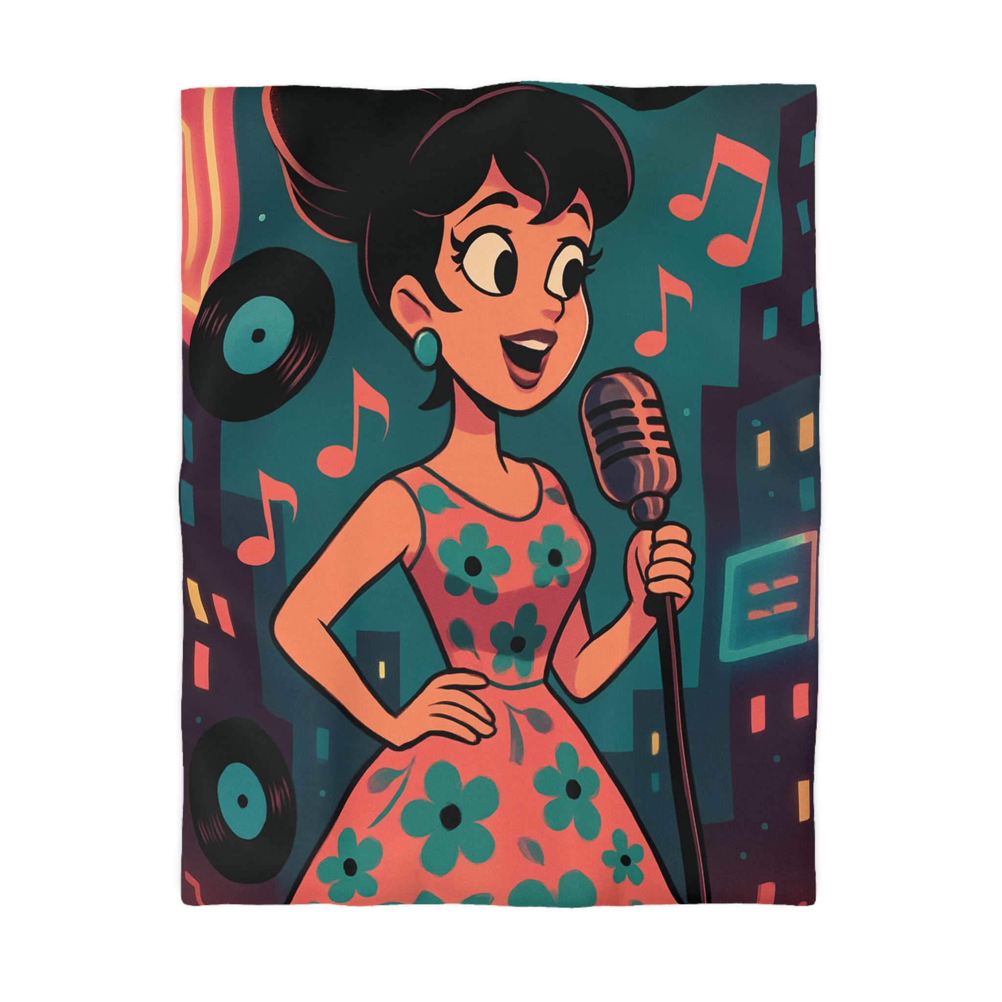 Housse de Couette Vintage Femme en Robe à Fleurs Chante Microphone Musique.