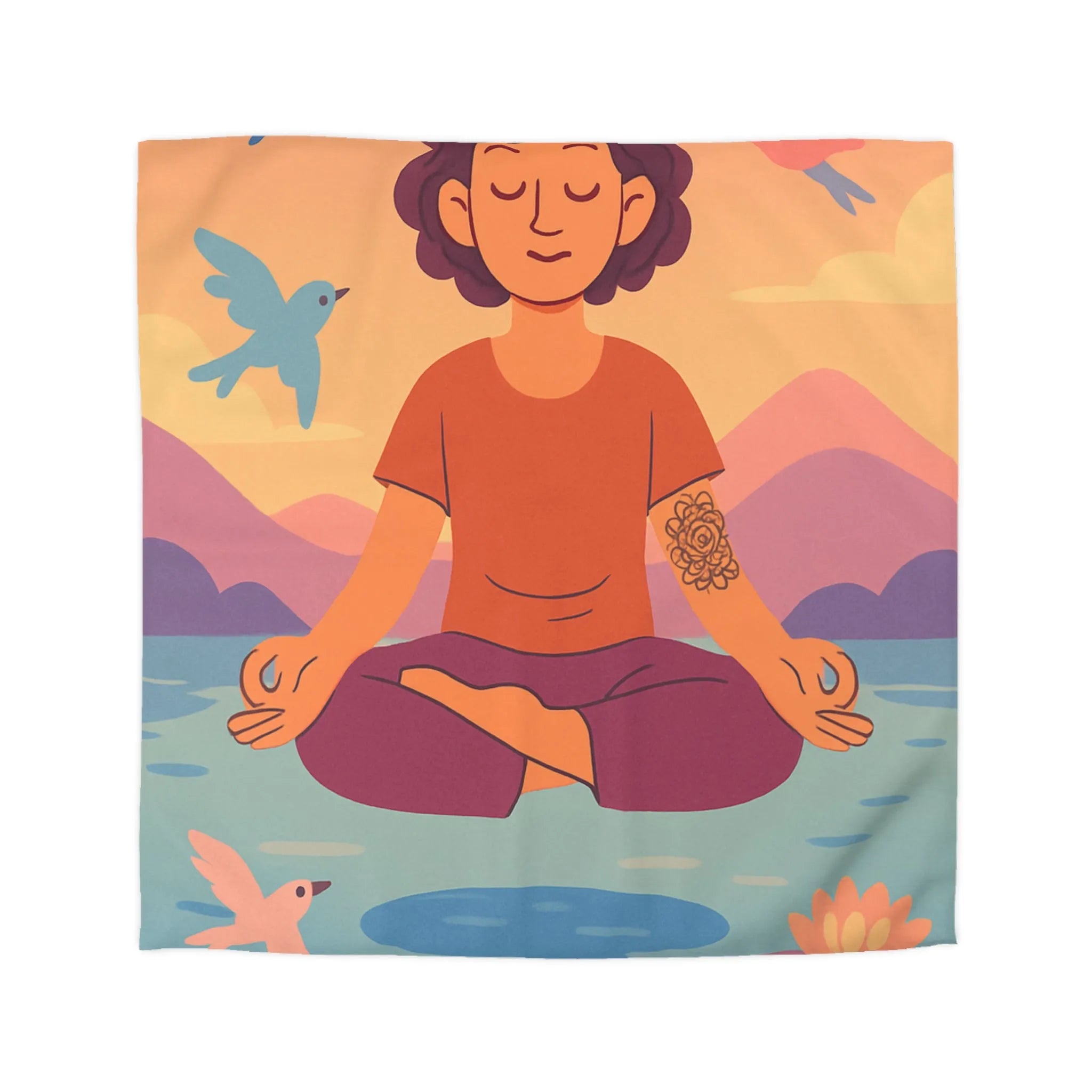 Housse de couette méditative avec motifs paisibles de nature et oiseaux colorés