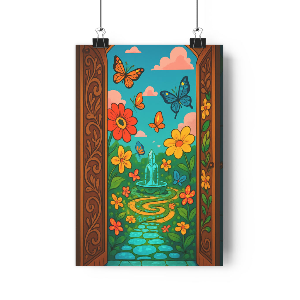Poster décoratif jardin enchanté turquoise orange féerique cartoon joyeux chambre enfant papillons fleurs surréaliste