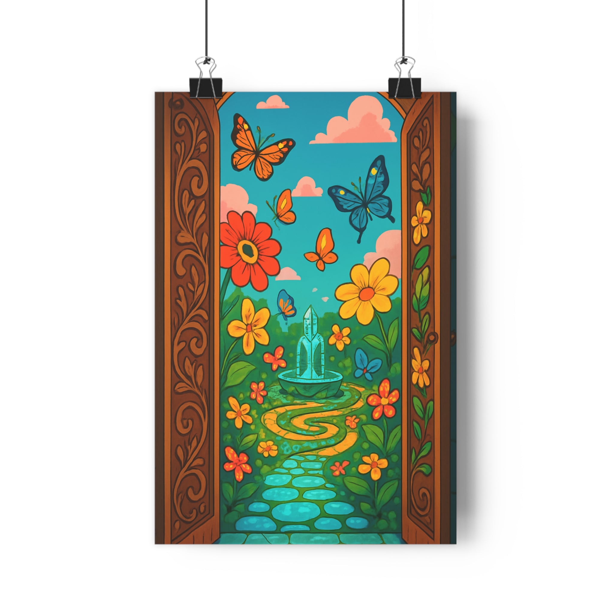 Poster décoratif jardin enchanté turquoise orange féerique cartoon joyeux chambre enfant papillons fleurs surréaliste