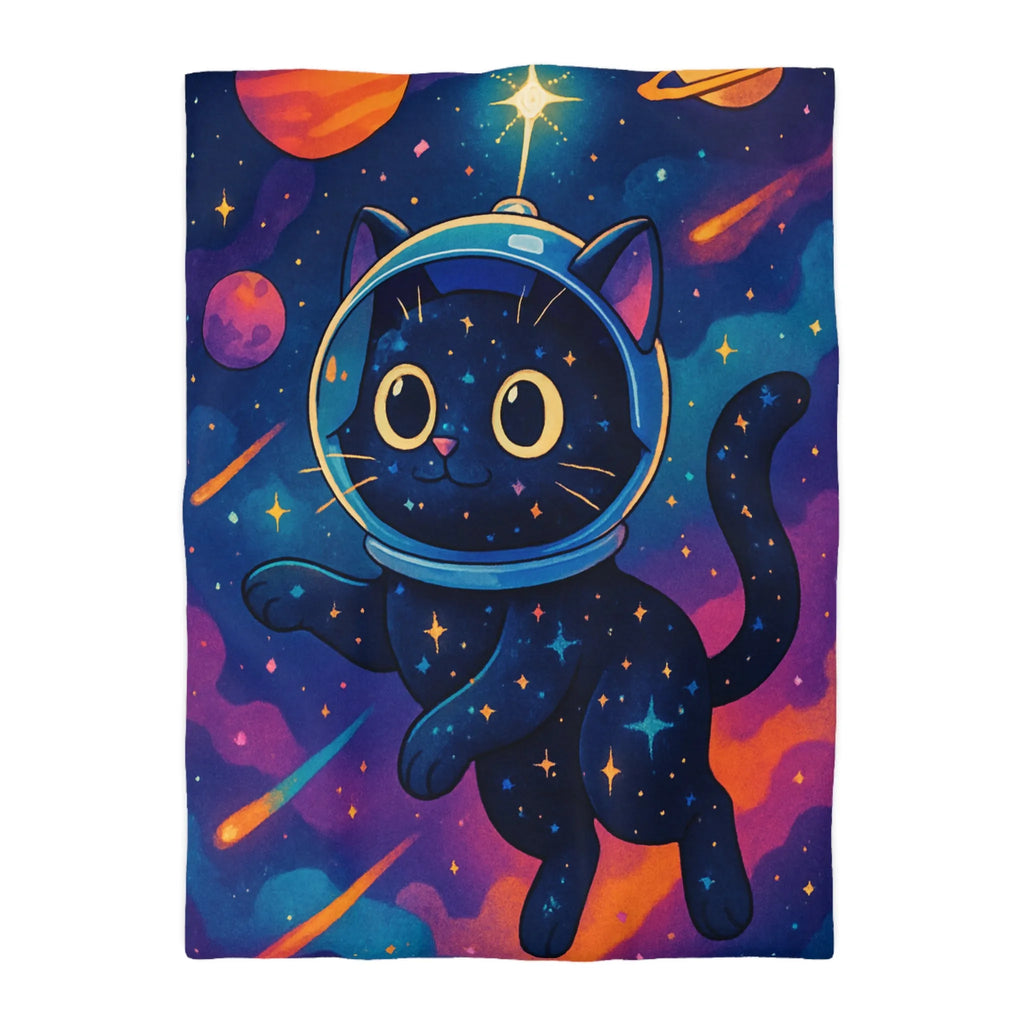 Housse de couette chat cosmique dans l’espace avec étoiles et planètes colorées