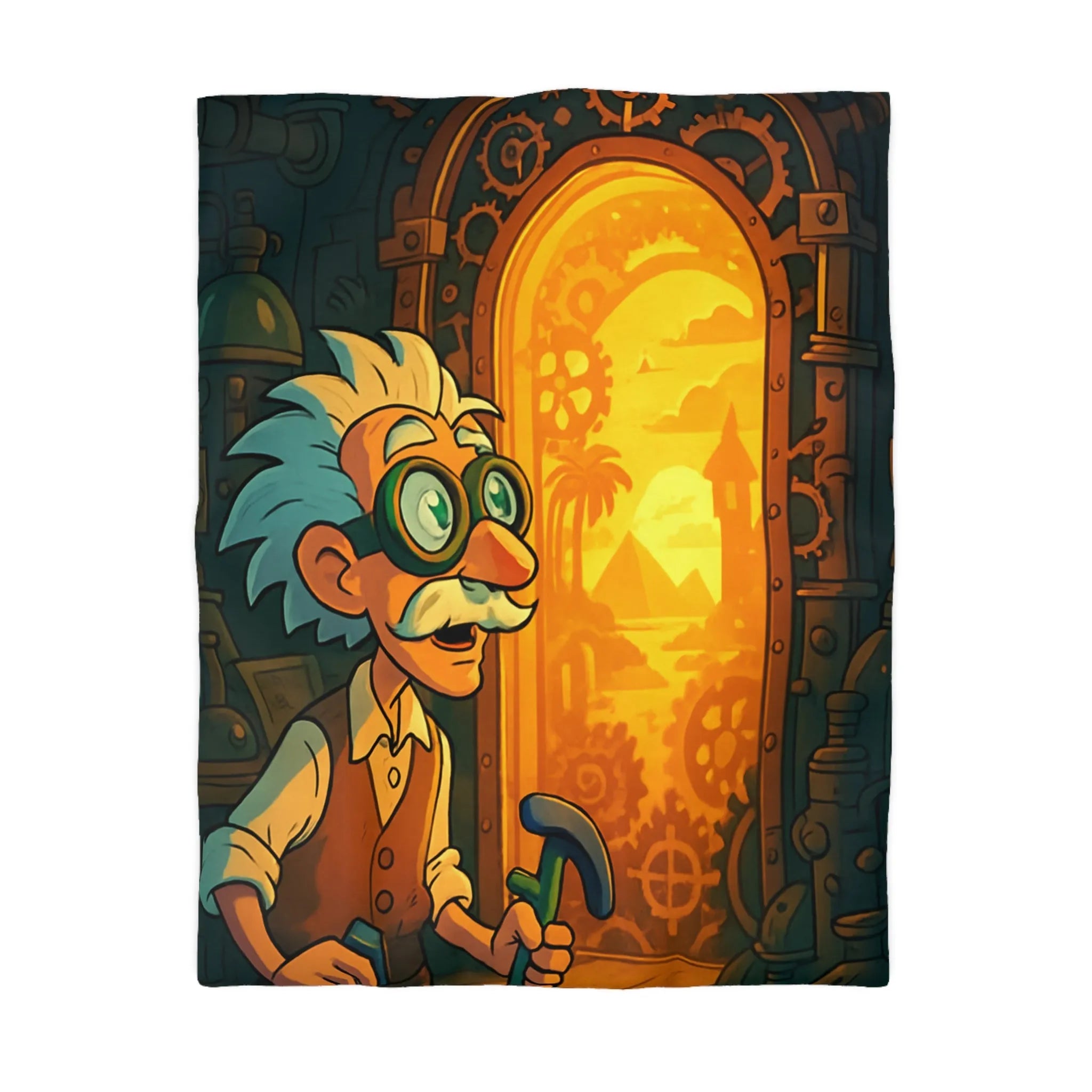 Housse de couette avec professeur inventeur et porte mystérieuse aux teintes orangées