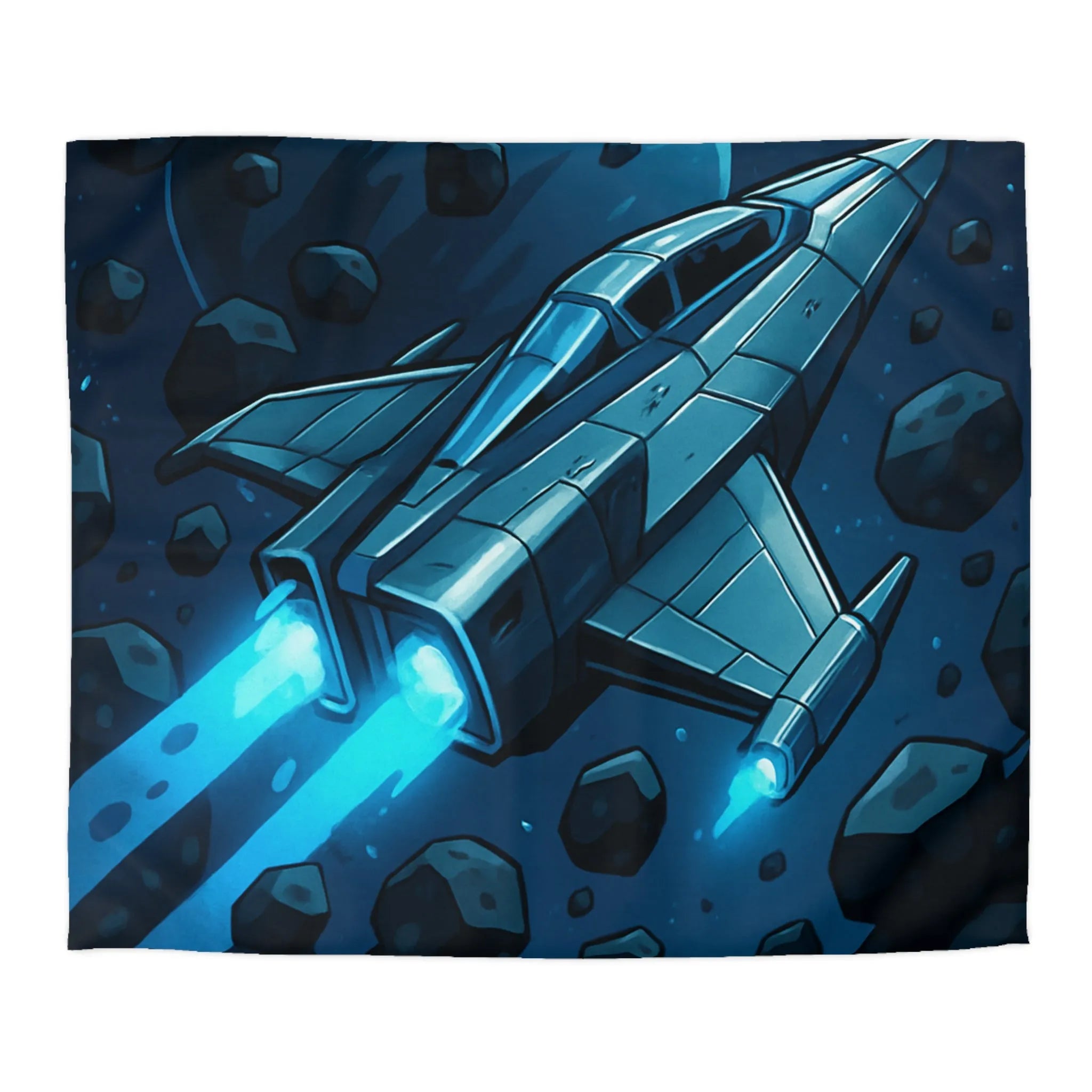 Housse de couette imprimée vaisseau spatial bleu voyageant à travers un champ d'astéroïdes