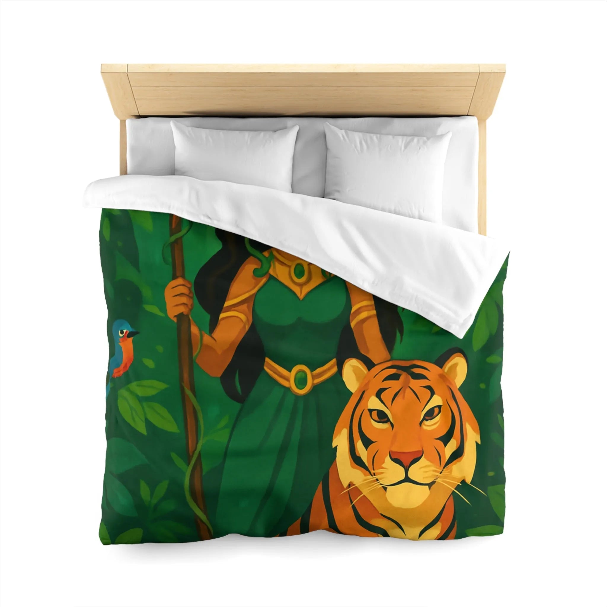 Housse de couette exotique avec tigre royal et gardienne mystique en forêt luxuriante