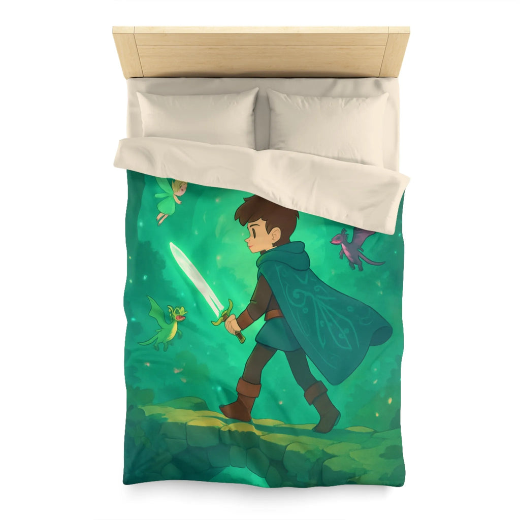 Housse de couette enfant magique avec épée lumineuse et créatures enchantées en forêt