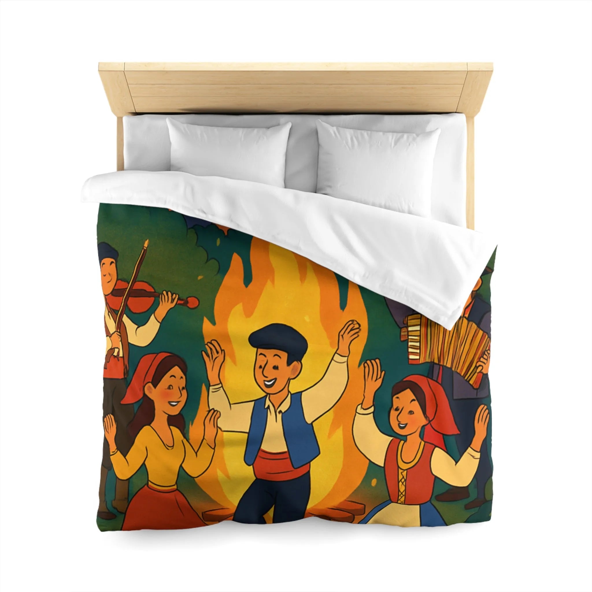 Housse de couette colorée danse folklorique autour du feu avec musiciens traditionnels