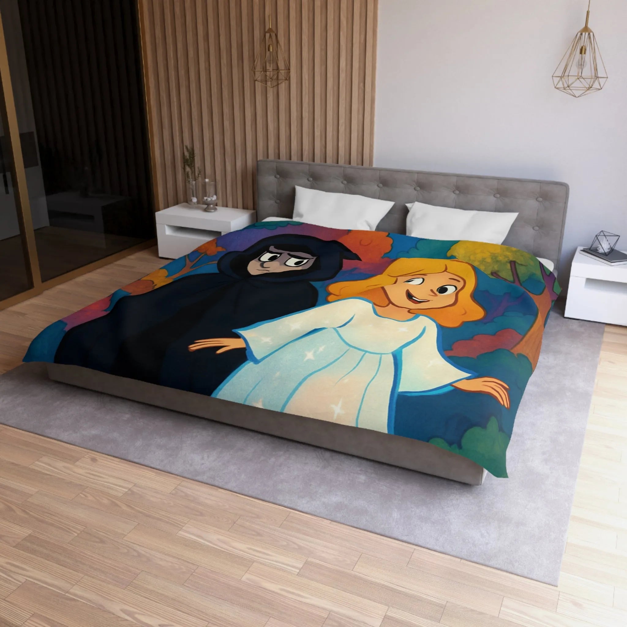 Housse de Couette Enchantée Forêt et Étoiles Enfantines avec Personnages Mystérieux