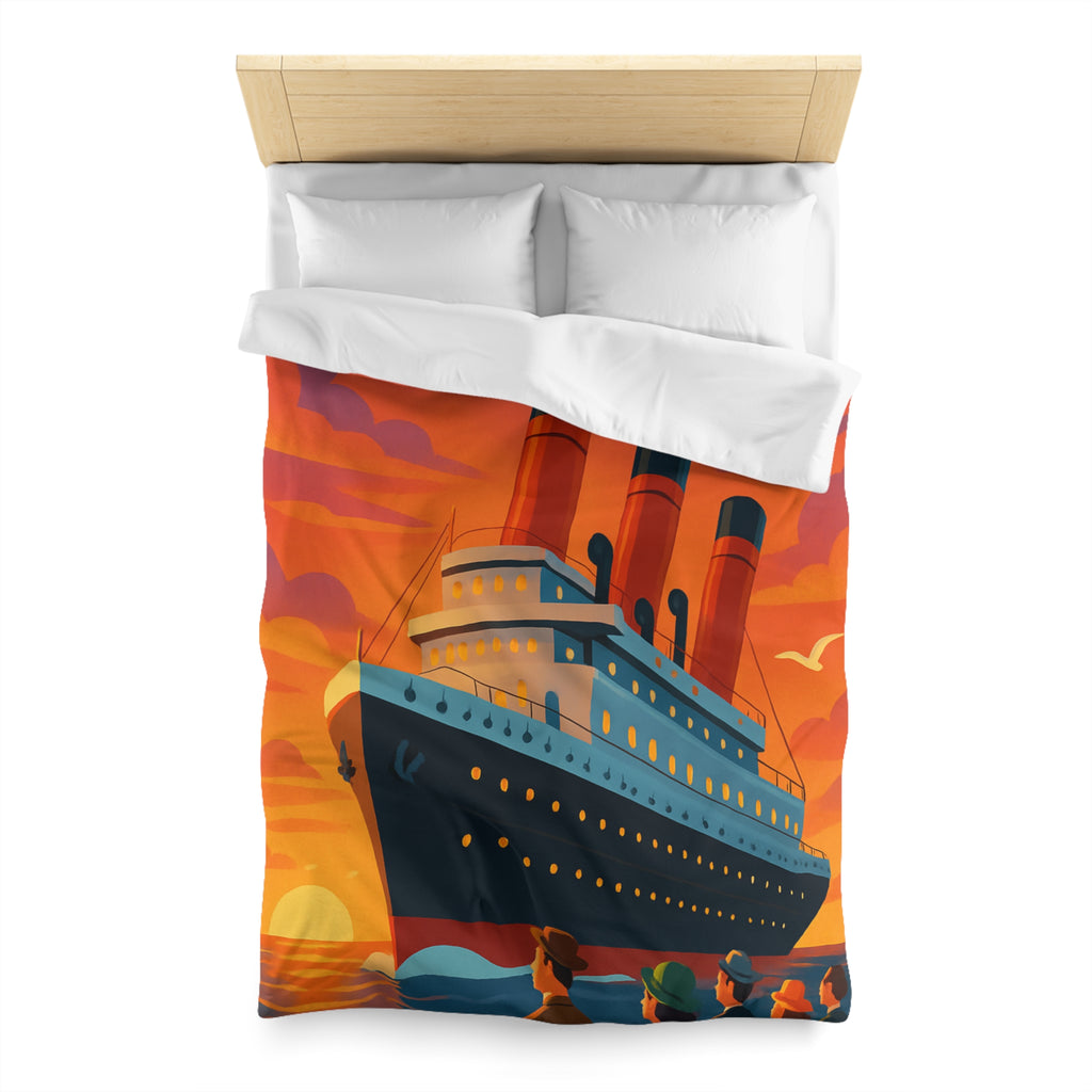 Superbe housse de couette avec paquebot vintage sous un coucher de soleil flamboyant