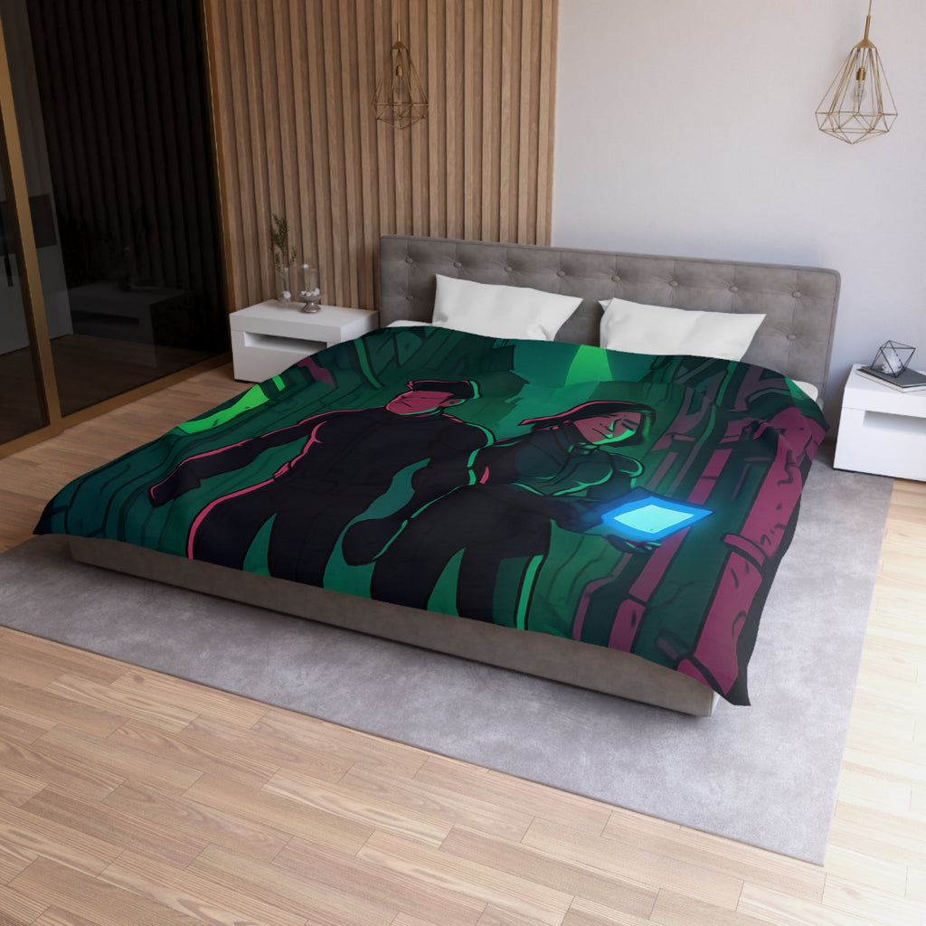 Housse de couette motif espionnage futuriste avec drones dans une ruelle mystérieuse