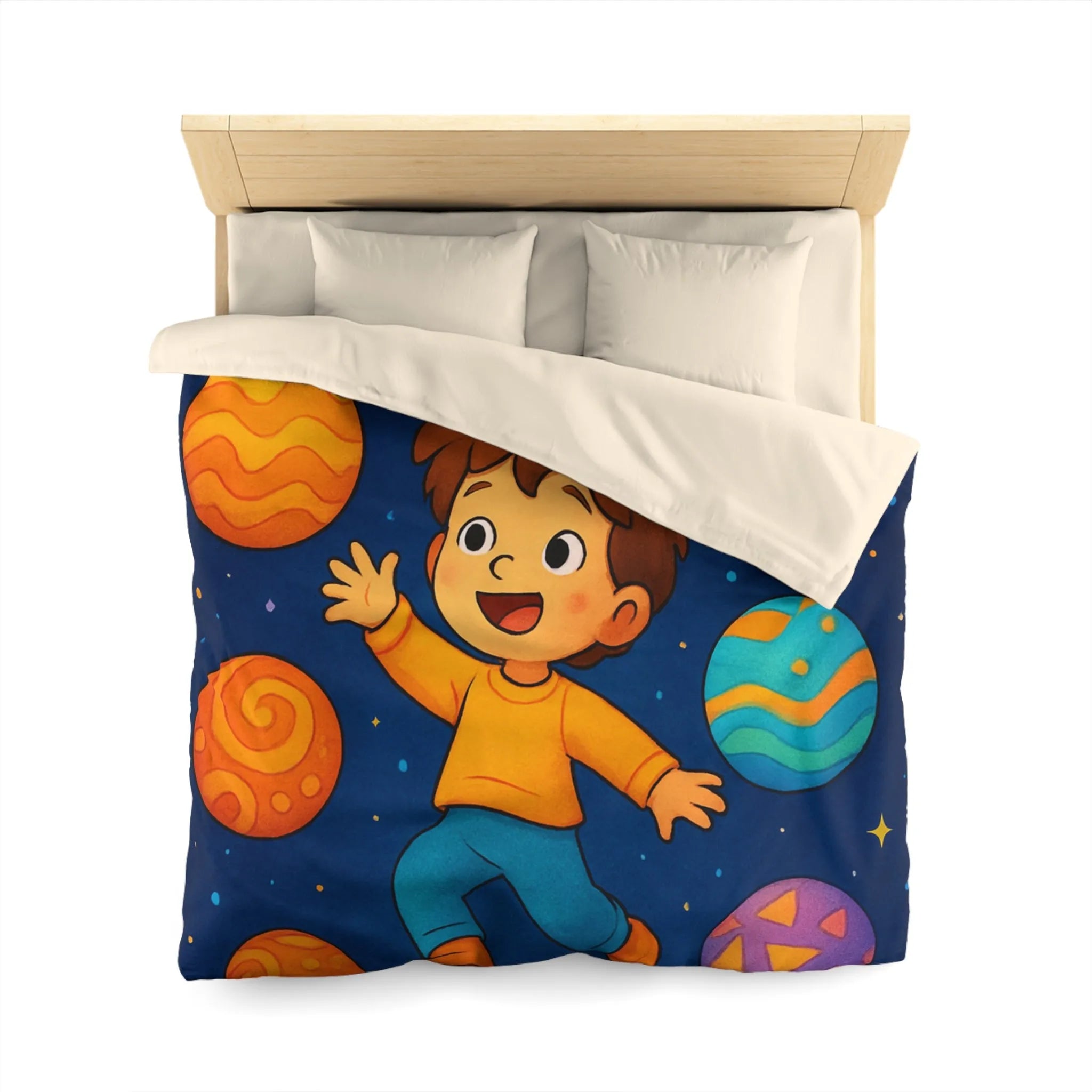 Housse de couette enfant planète colorée avec garçon dans l'espace étoilé vibrant