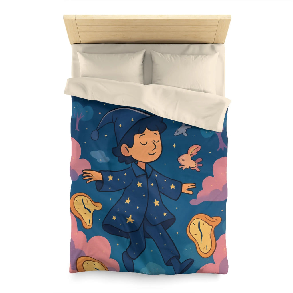 Housse de couette magique avec sorcier enfant rêvant de créatures volantes lunaires