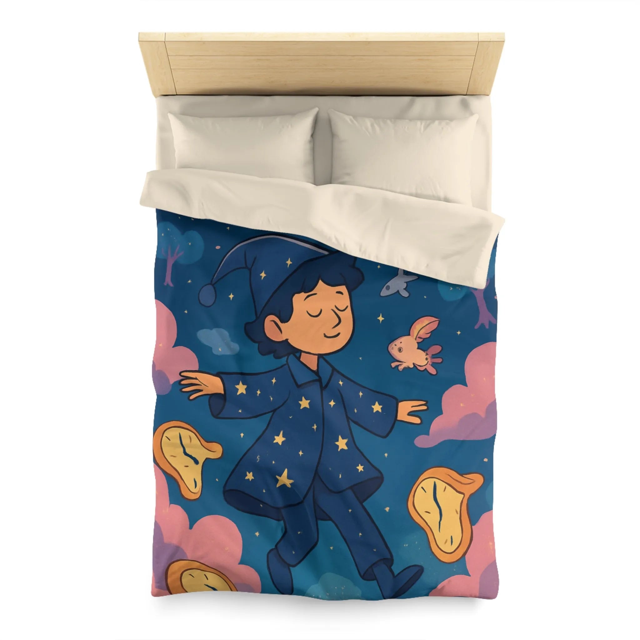Housse de couette magique avec sorcier enfant rêvant de créatures volantes lunaires