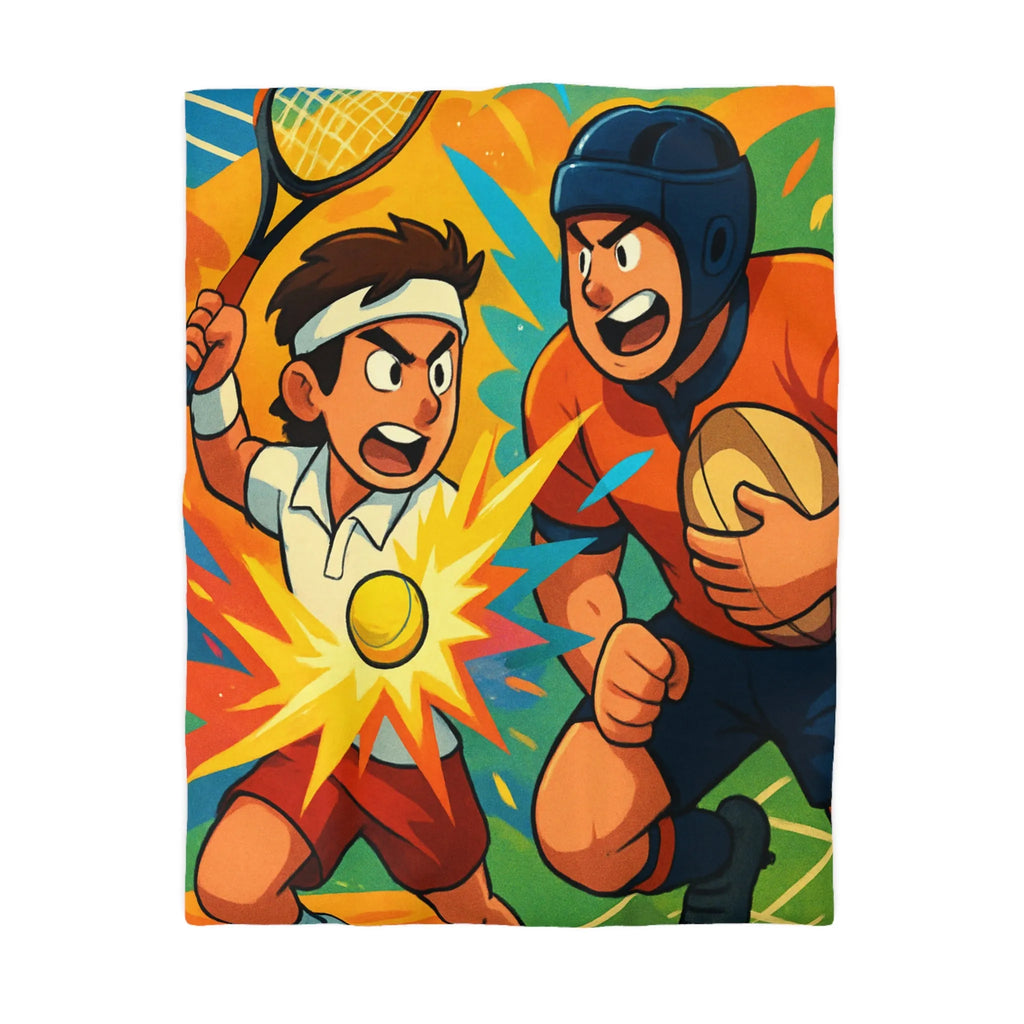 Housse de Couette Animée Sportive avec Joueurs de Tennis et Rugby Dynamique Multicolore