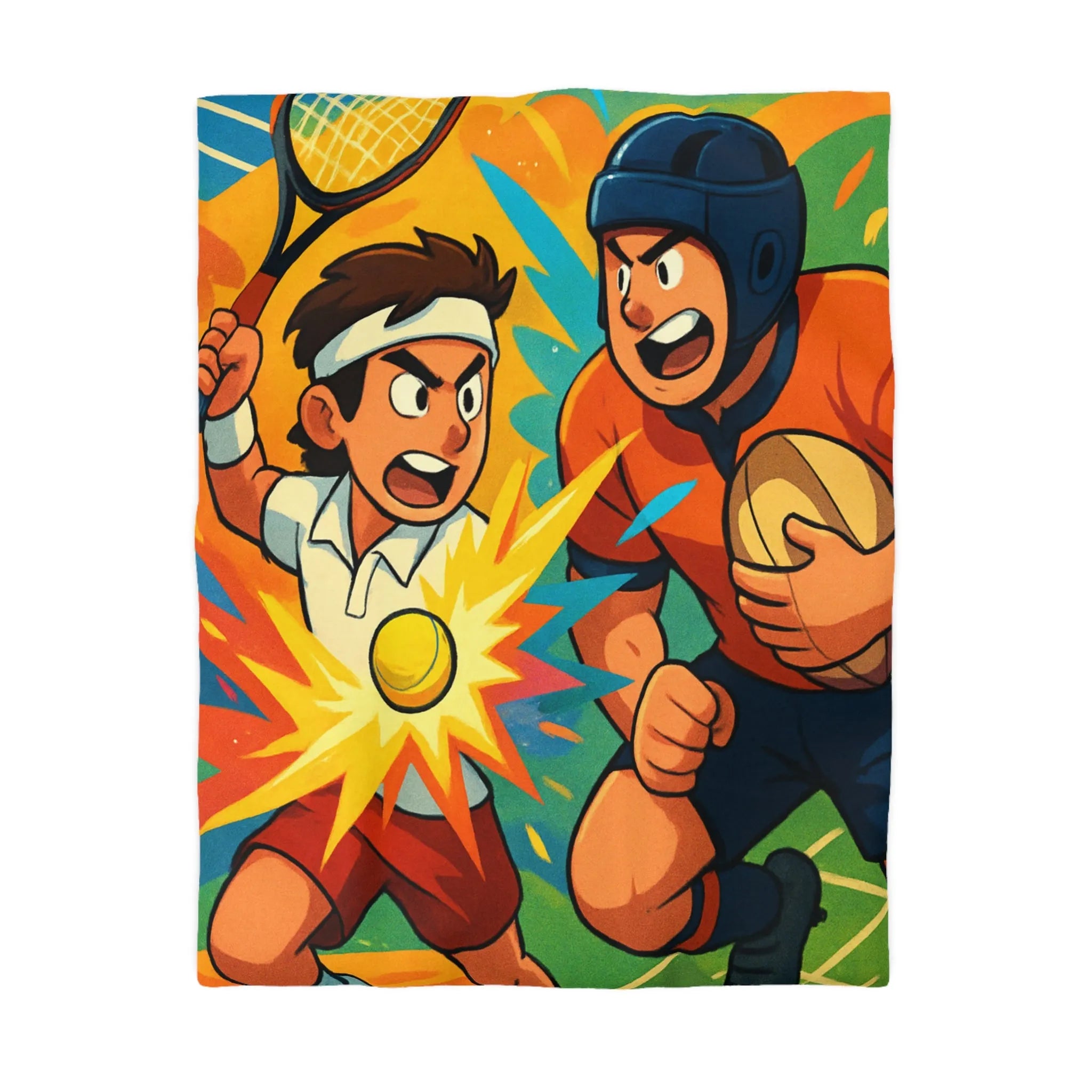 Housse de Couette Animée Sportive avec Joueurs de Tennis et Rugby Dynamique Multicolore