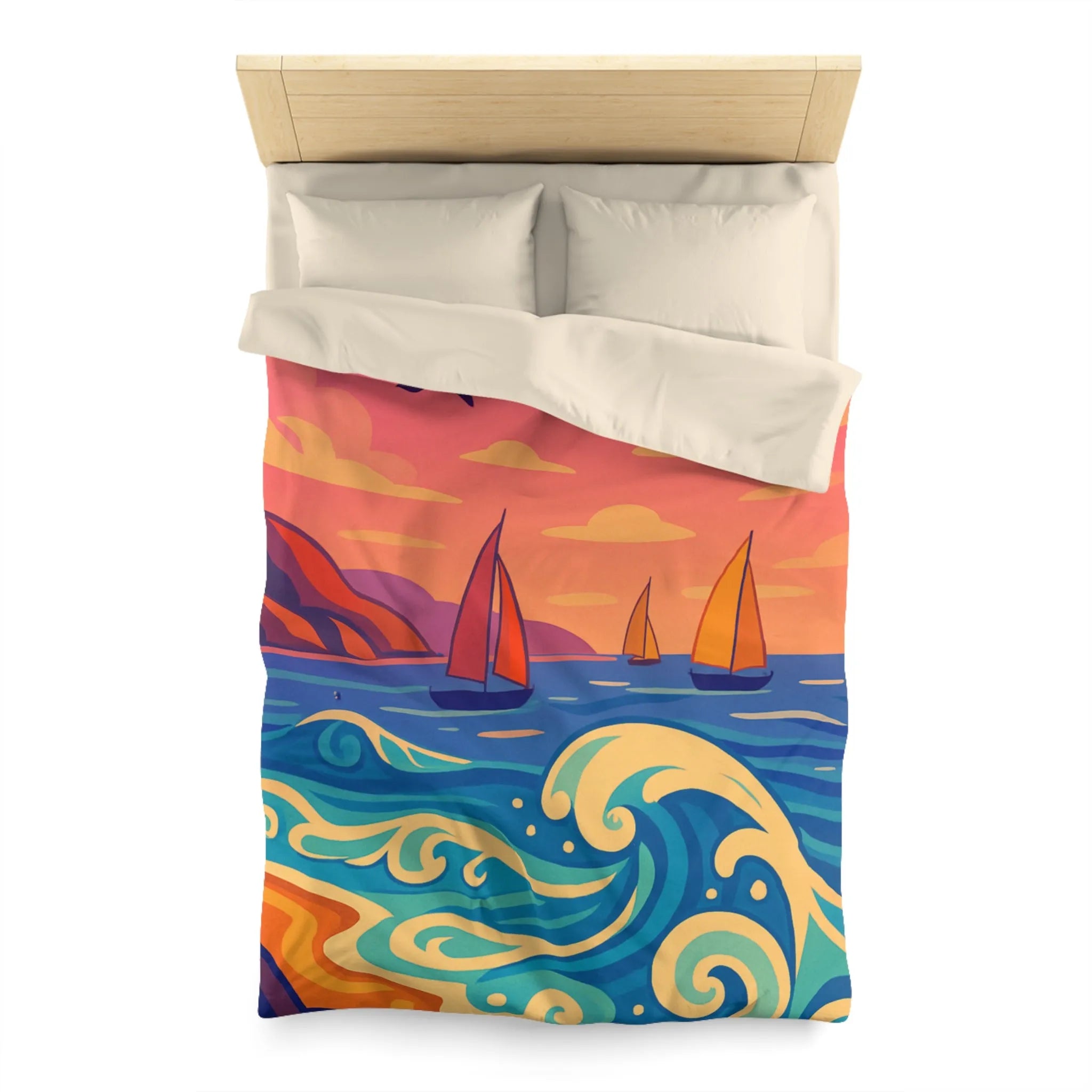 Housse de couette colorée avec paysage marin, voiliers et coucher de soleil vibrant