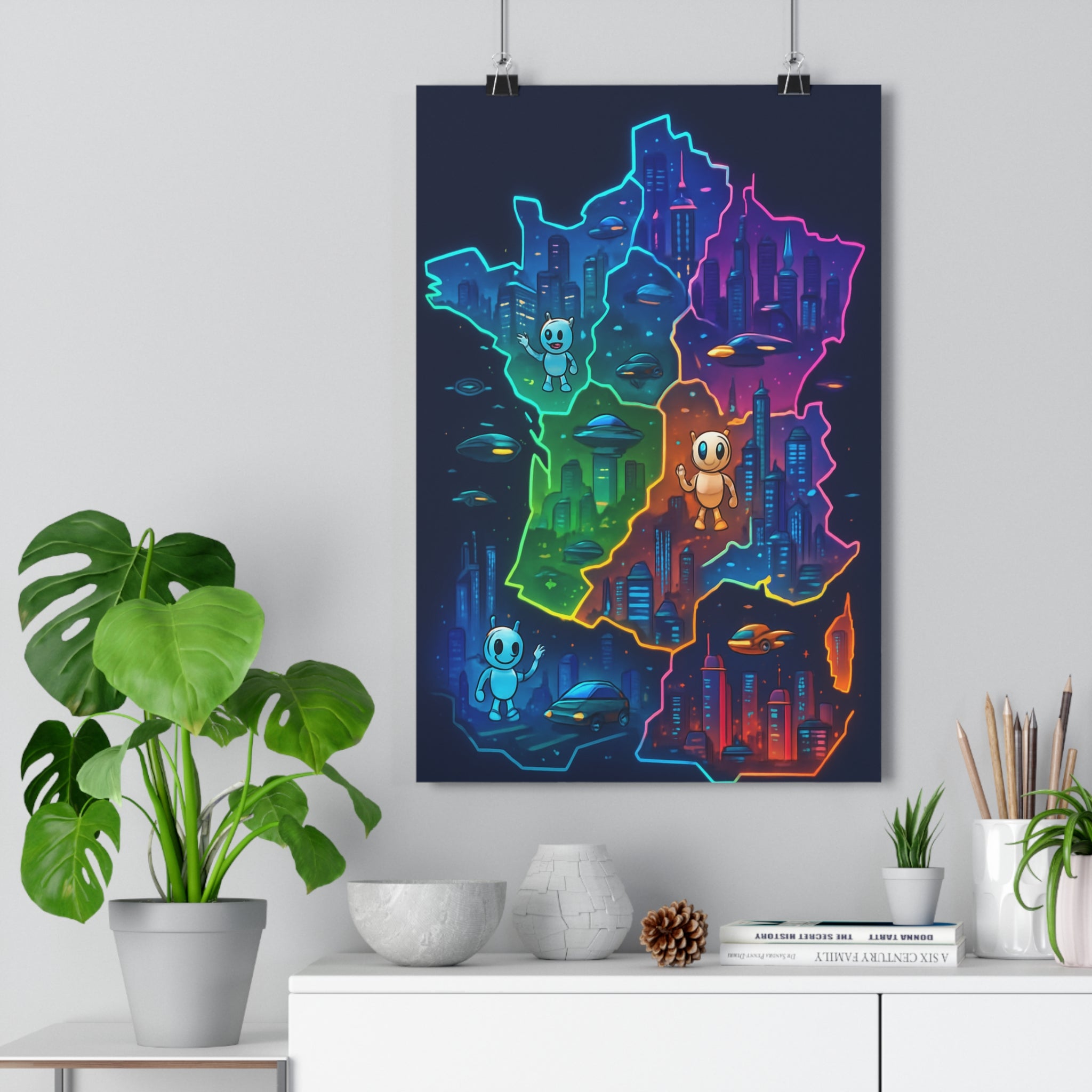 Poster décoratif futuriste néon bleu violet vert moderne bureau chambre maison design dynamique ambiance