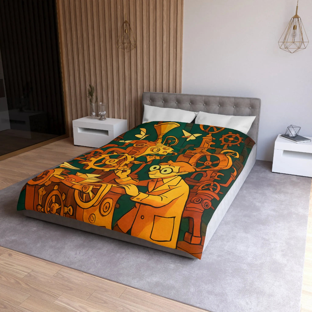 Housse de couette machine steampunk colorée avec papillons et ingénieur rêveur illustration automne