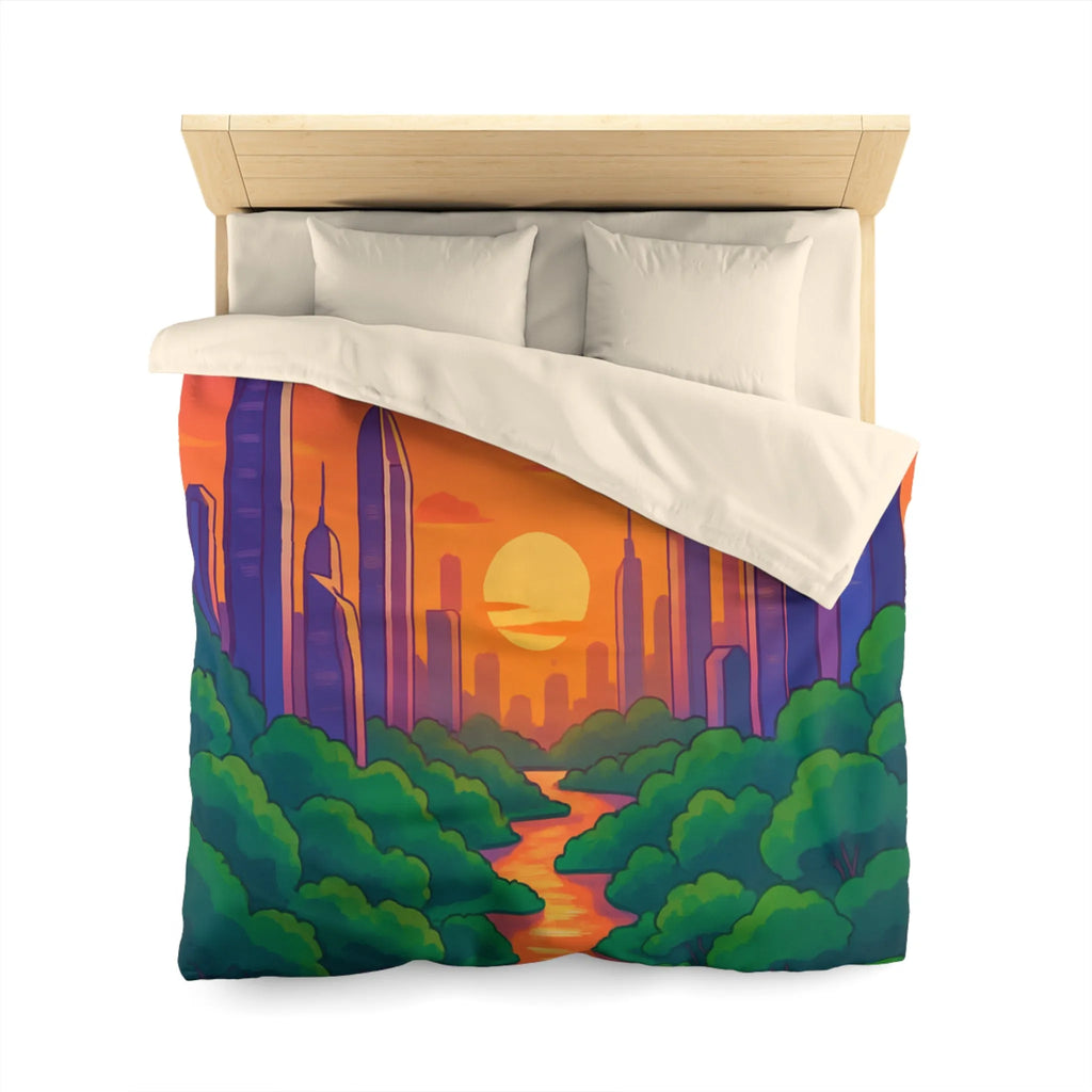 Housse de couette avec illustration urbaine et naturelle au coucher du soleil envoûtant