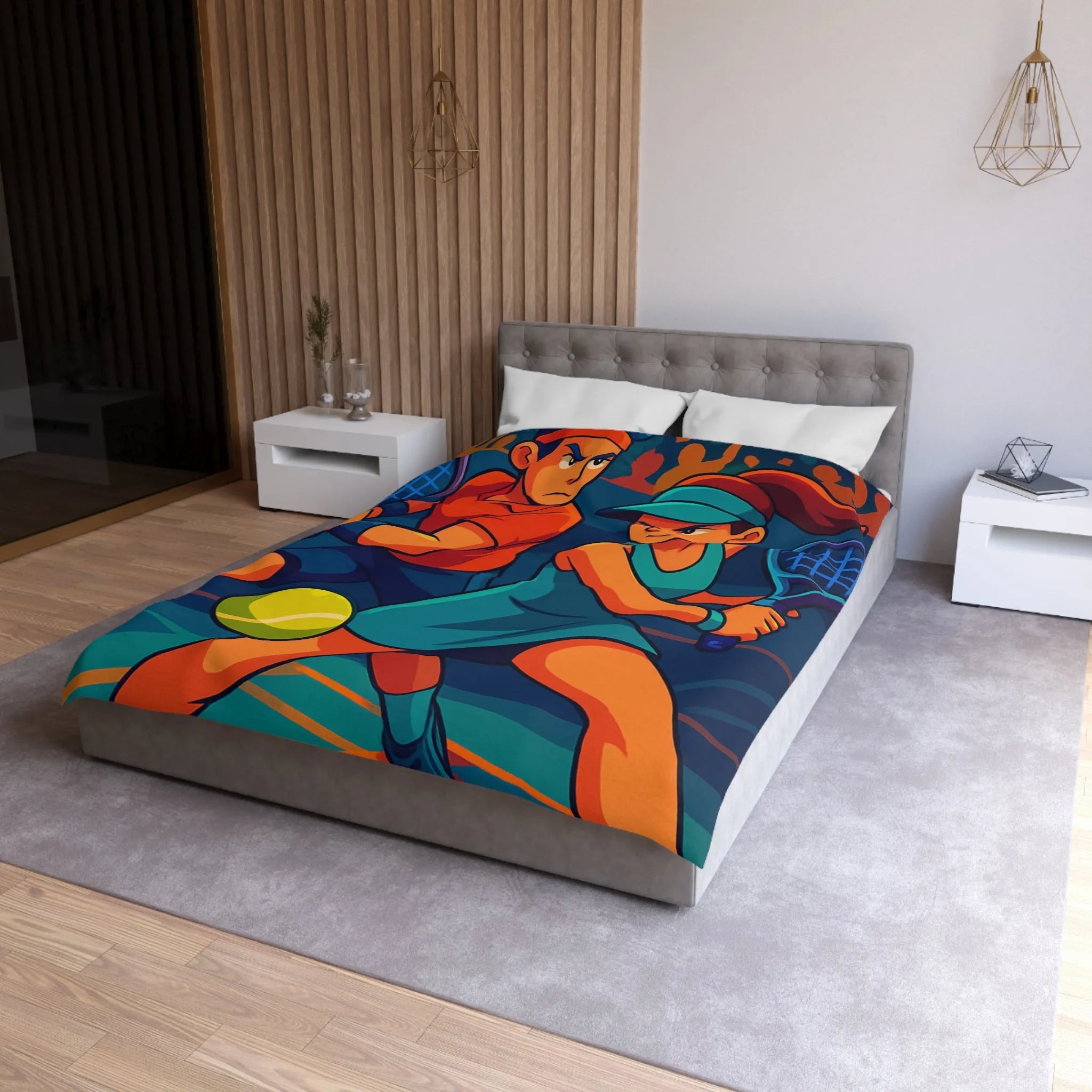 Housse de couette dynamique avec joueurs de tennis en style vectoriel coloré et moderne