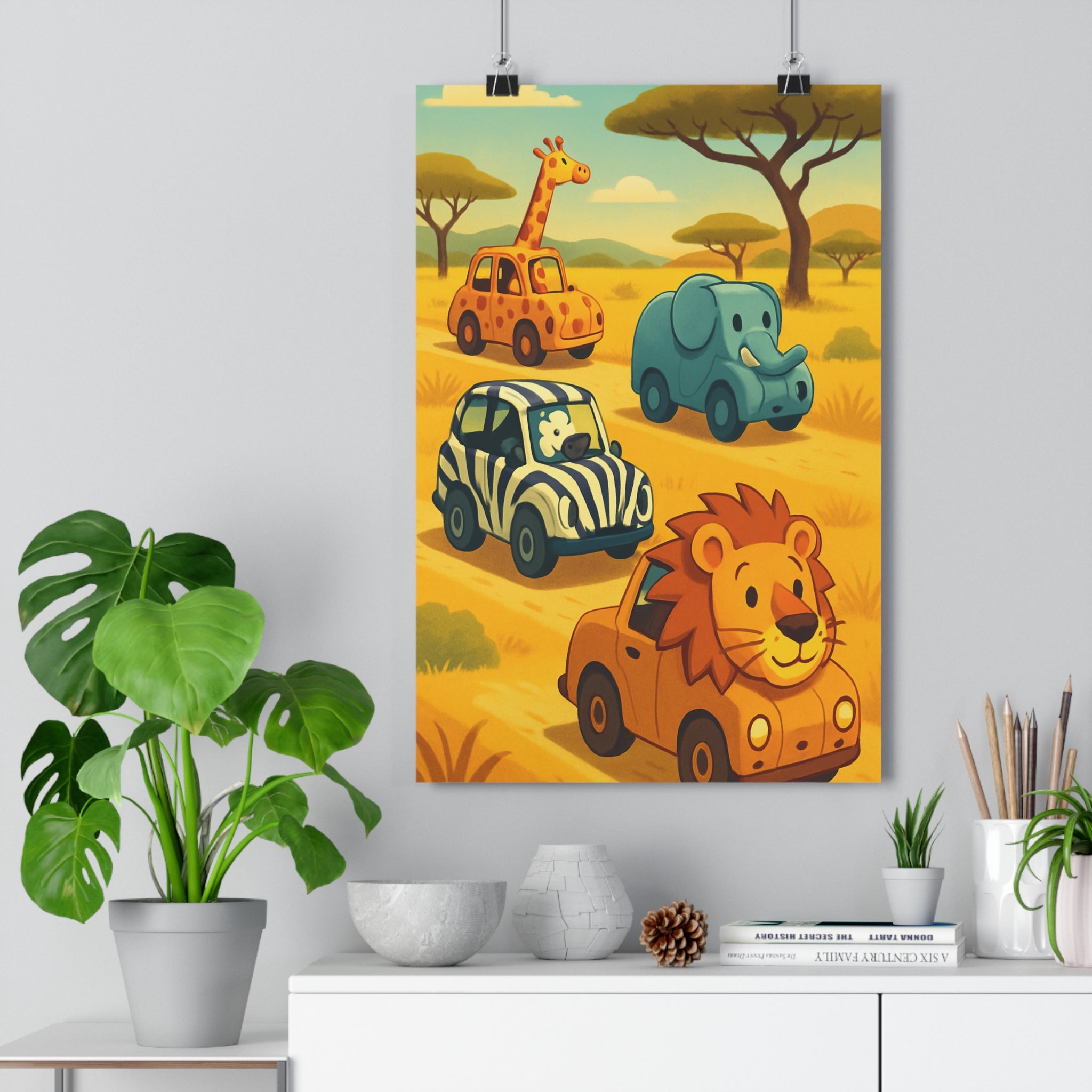 Poster décoratif safari pétillant jaune orange bleu cartoon ludique enfant chambre savane animaux 30x46