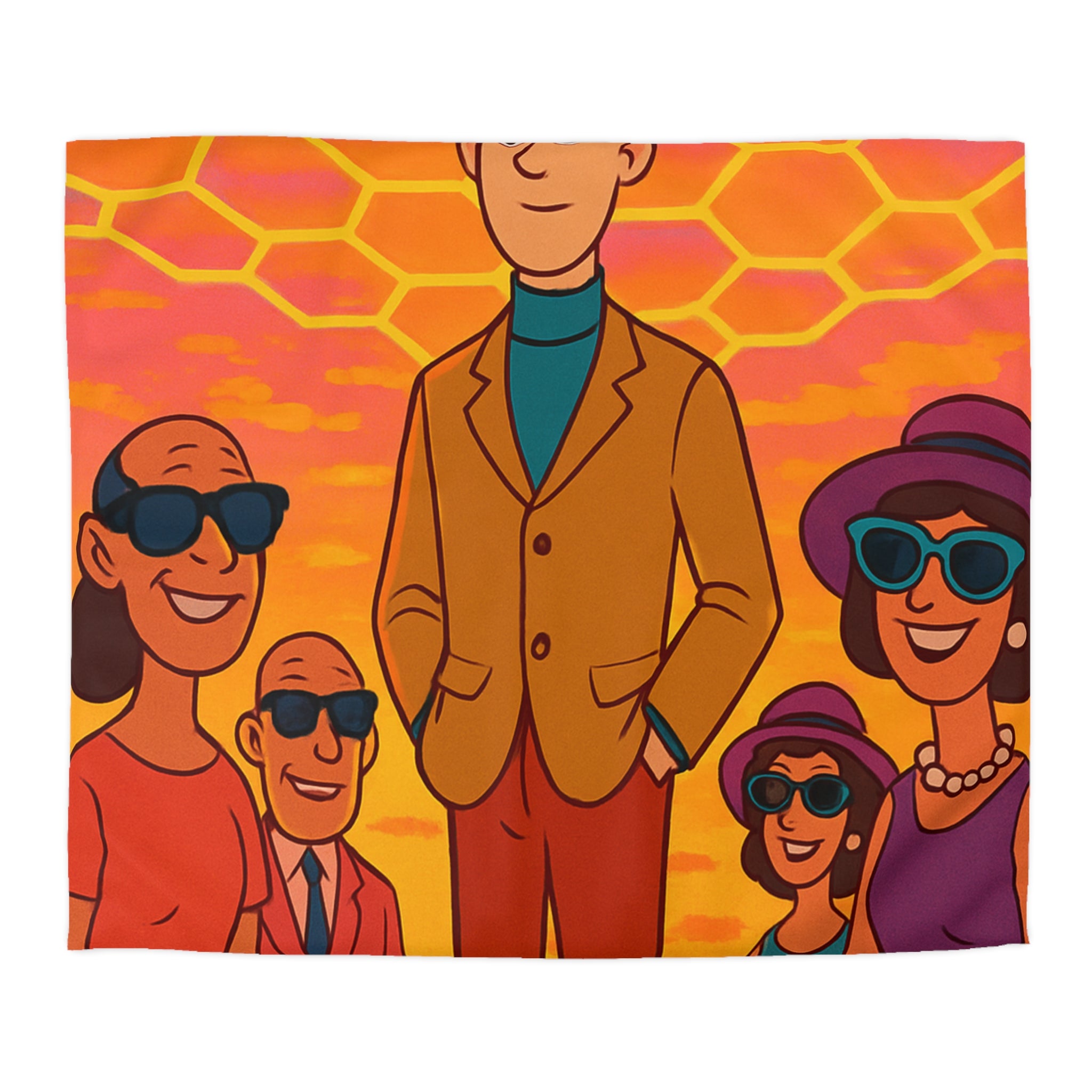 Motifs colorés hexagonaux vibrant avec personnages stylisés dans un paysage ensoleillé unique