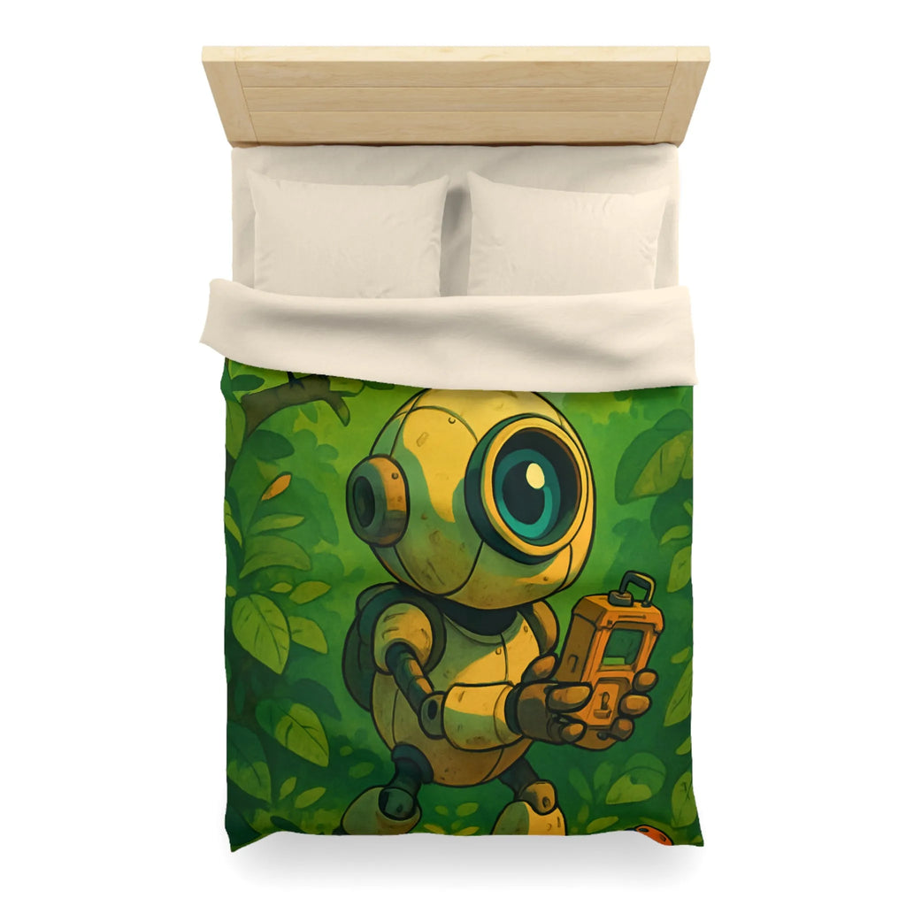 Housse de couette ludique avec robot curieux dans une forêt verdoyante et magique