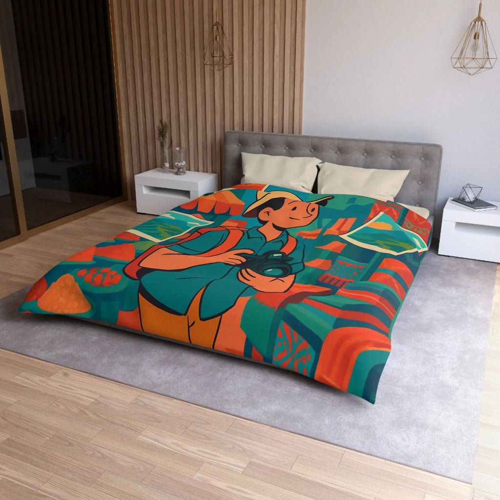 Housse de Couette Colorée avec Voyageur Photographiant un Marché Animé et Vibrant