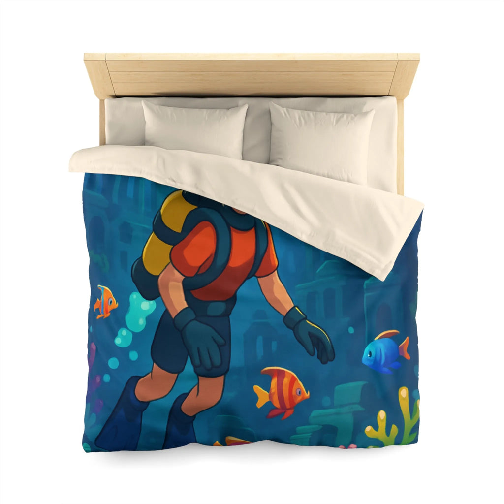 Housse de couette colorée avec plongeur et ruines sous-marines, poissons tropicaux vibrants