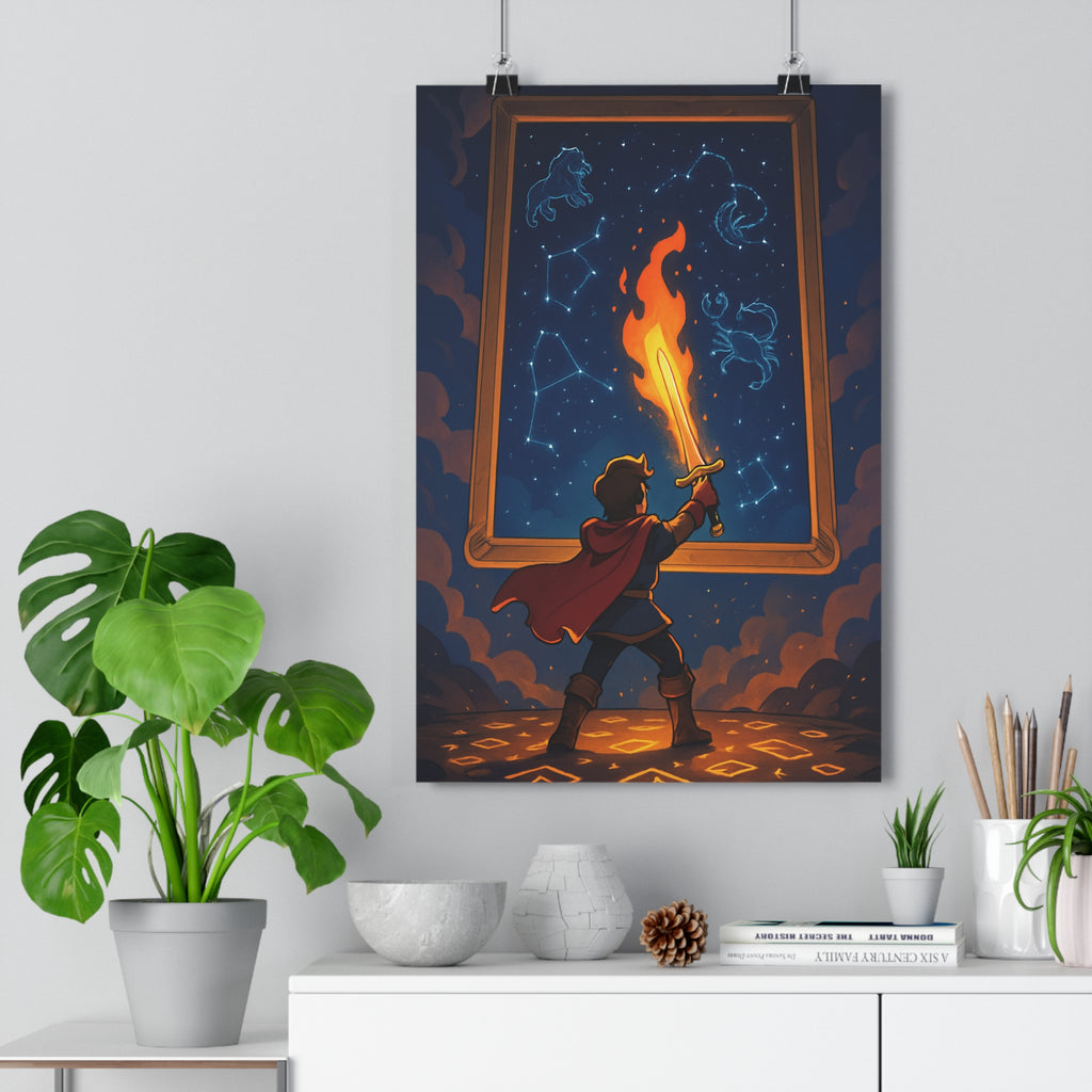 Poster décoratif épique rouge bleu aventure chambre enfant animation artistique magique épée céleste constellation